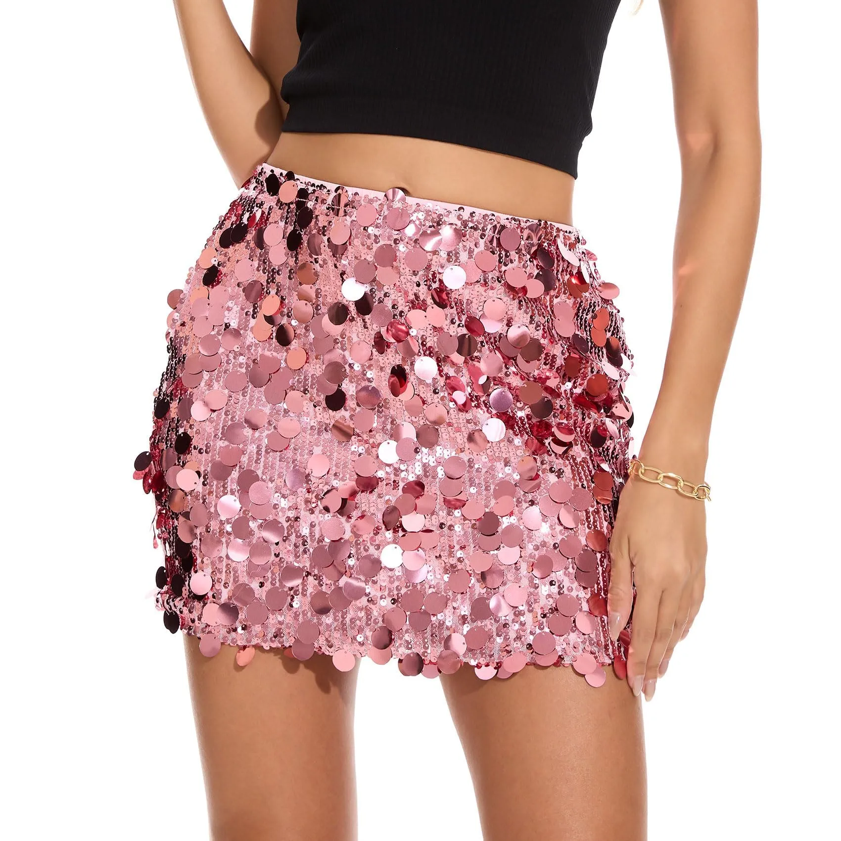 LEACOOLKEY Gonna con Paillettes per Donna Mini Bodycon Elastica Lucente - immagine 1