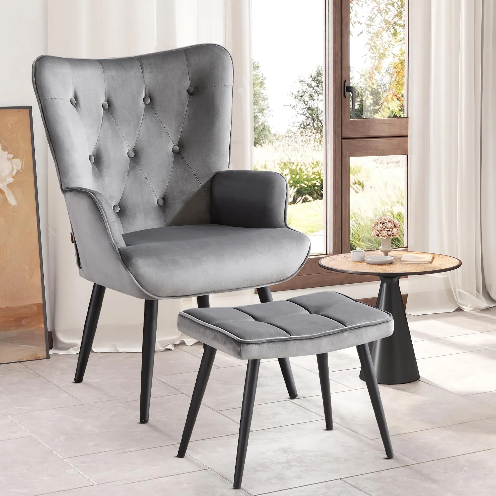 Ckaff Poltrona da Salotto in Velluto con Poggiapiedi, Schienale Alto, Grigio - immagine 1