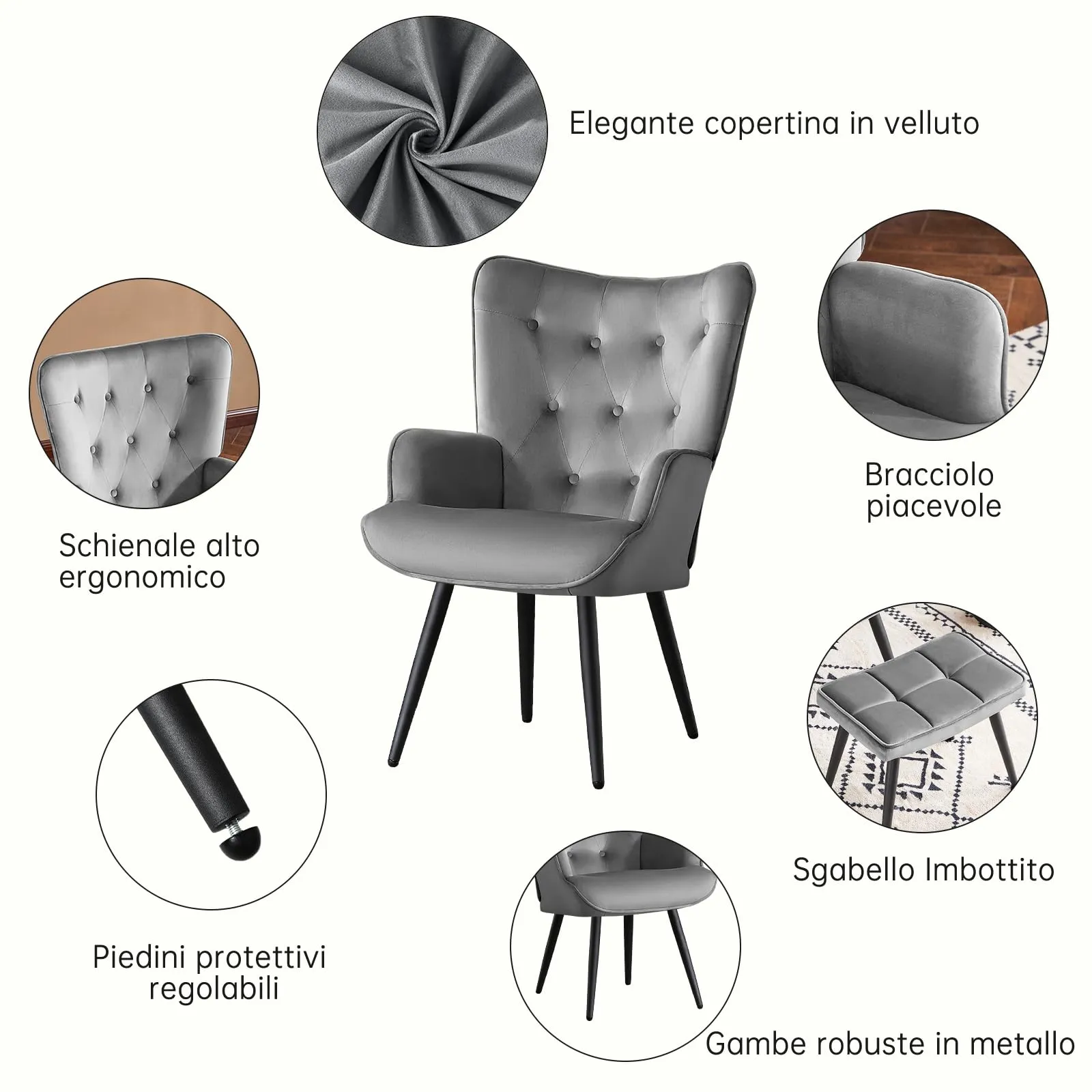 Ckaff Poltrona da Salotto in Velluto con Poggiapiedi, Schienale Alto, Grigio - immagine 4
