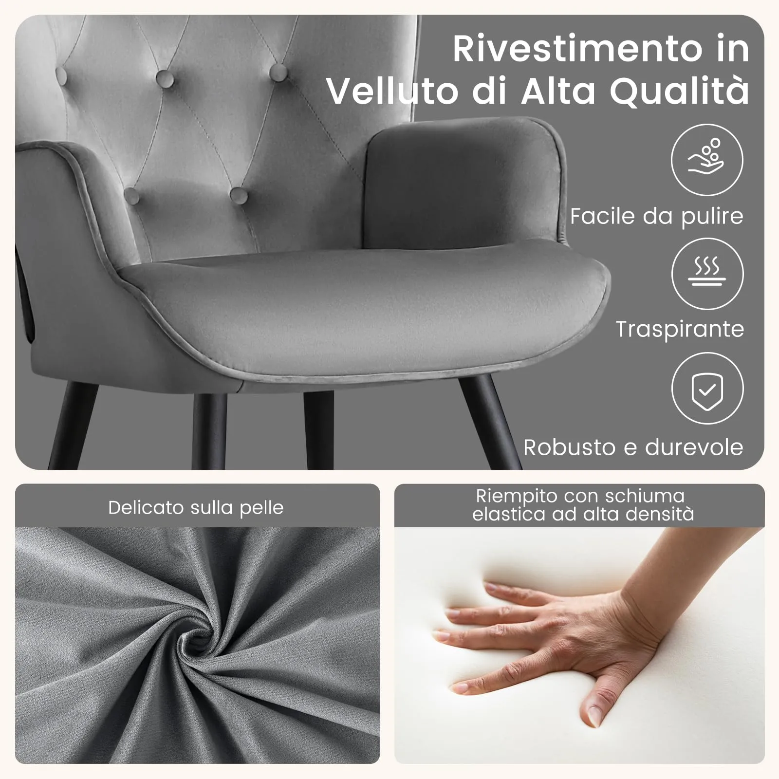 Ckaff Poltrona da Salotto in Velluto con Poggiapiedi, Schienale Alto, Grigio - immagine 5