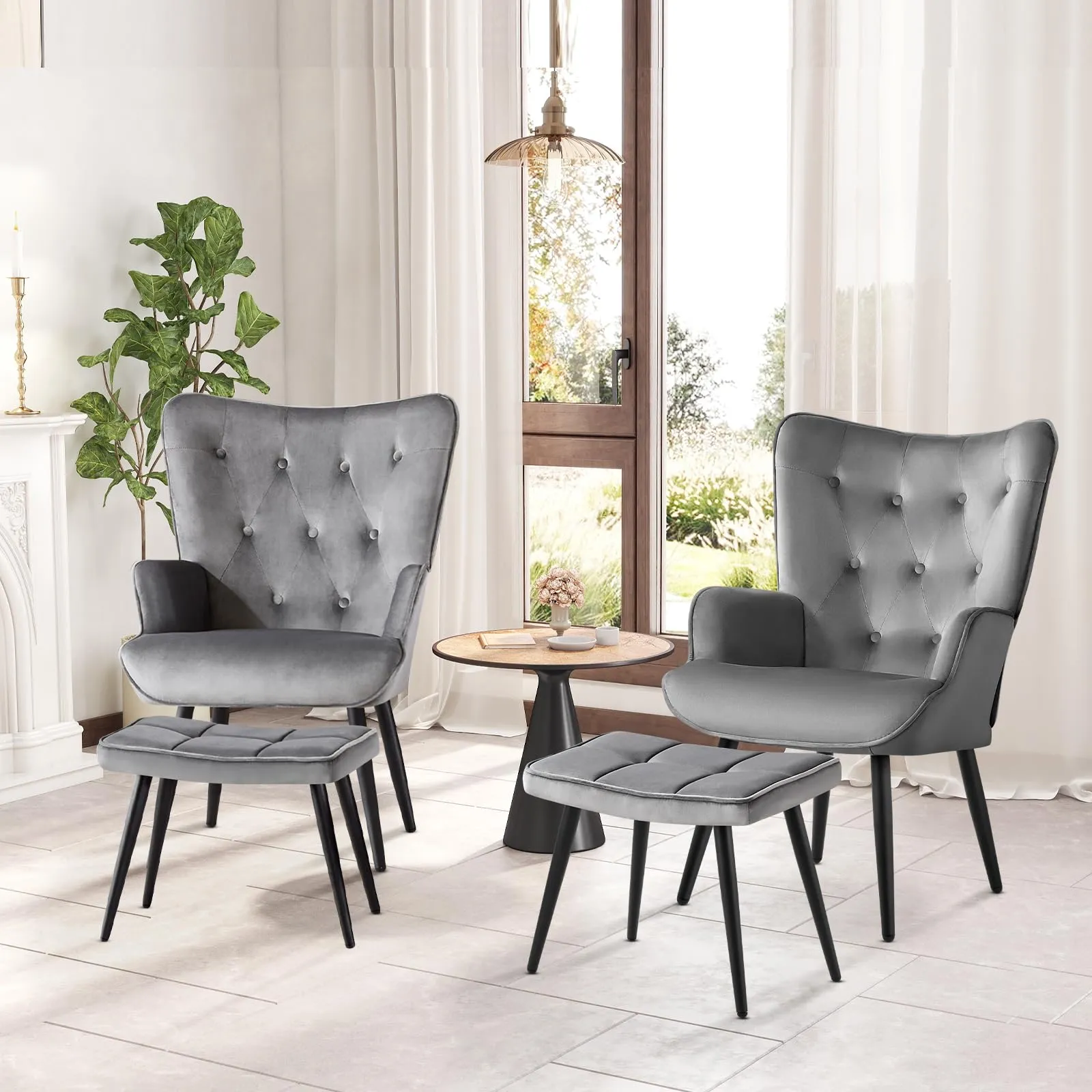 Ckaff Poltrona da Salotto in Velluto con Poggiapiedi, Schienale Alto, Grigio - immagine 6