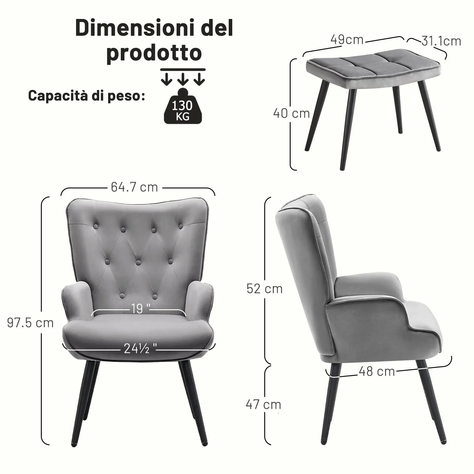 Ckaff Poltrona da Salotto in Velluto con Poggiapiedi, Schienale Alto, Grigio - immagine 8