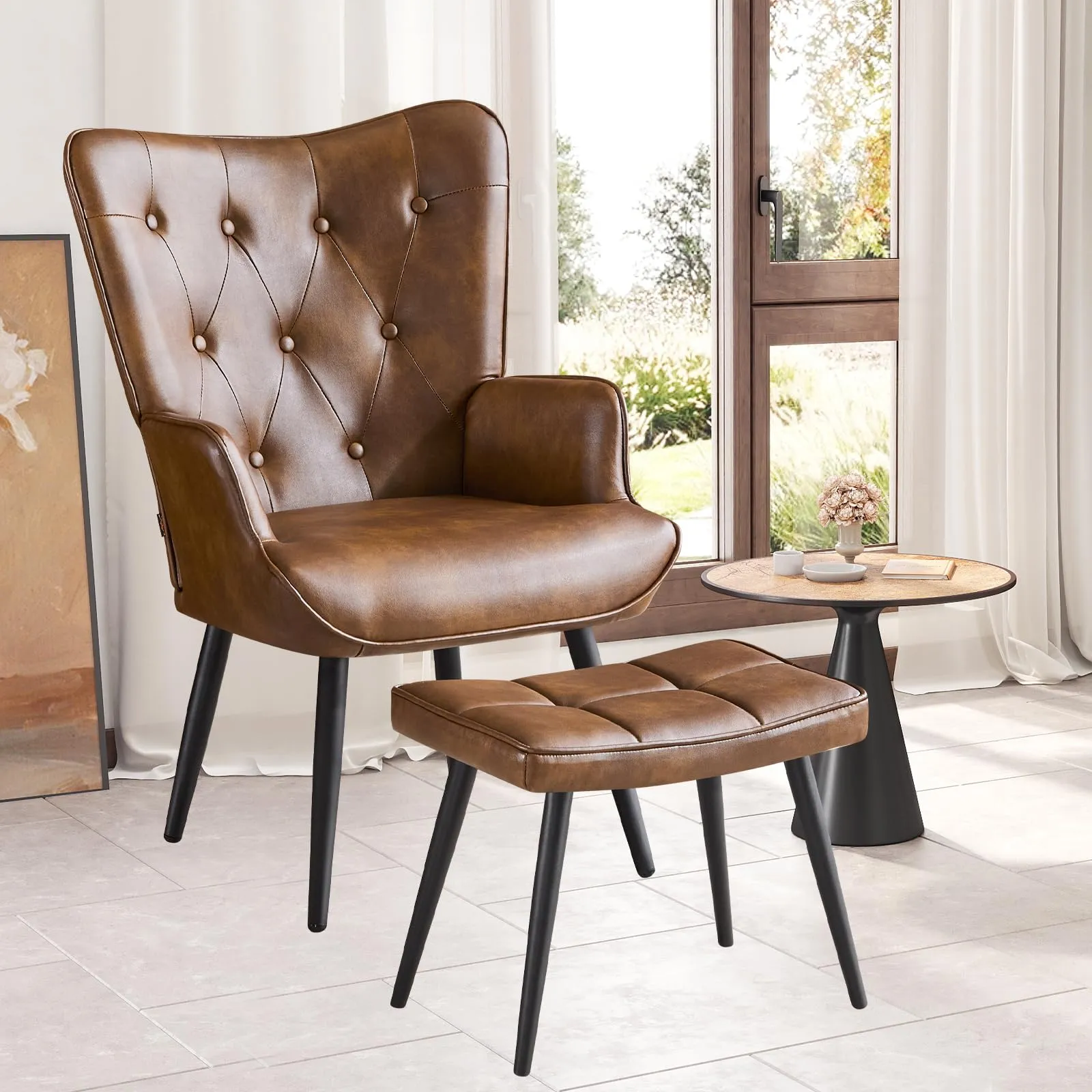 Ckaff Poltrona Salotto con Poggiapiedi in Pelle PU, Poltroncina Scandinava Relax con Schienale Alto, Marrone - immagine 1