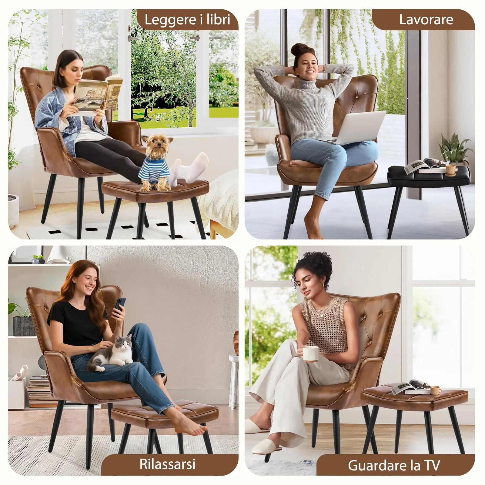 Ckaff Poltrona Salotto con Poggiapiedi in Pelle PU, Poltroncina Scandinava Relax con Schienale Alto, Marrone - immagine 2