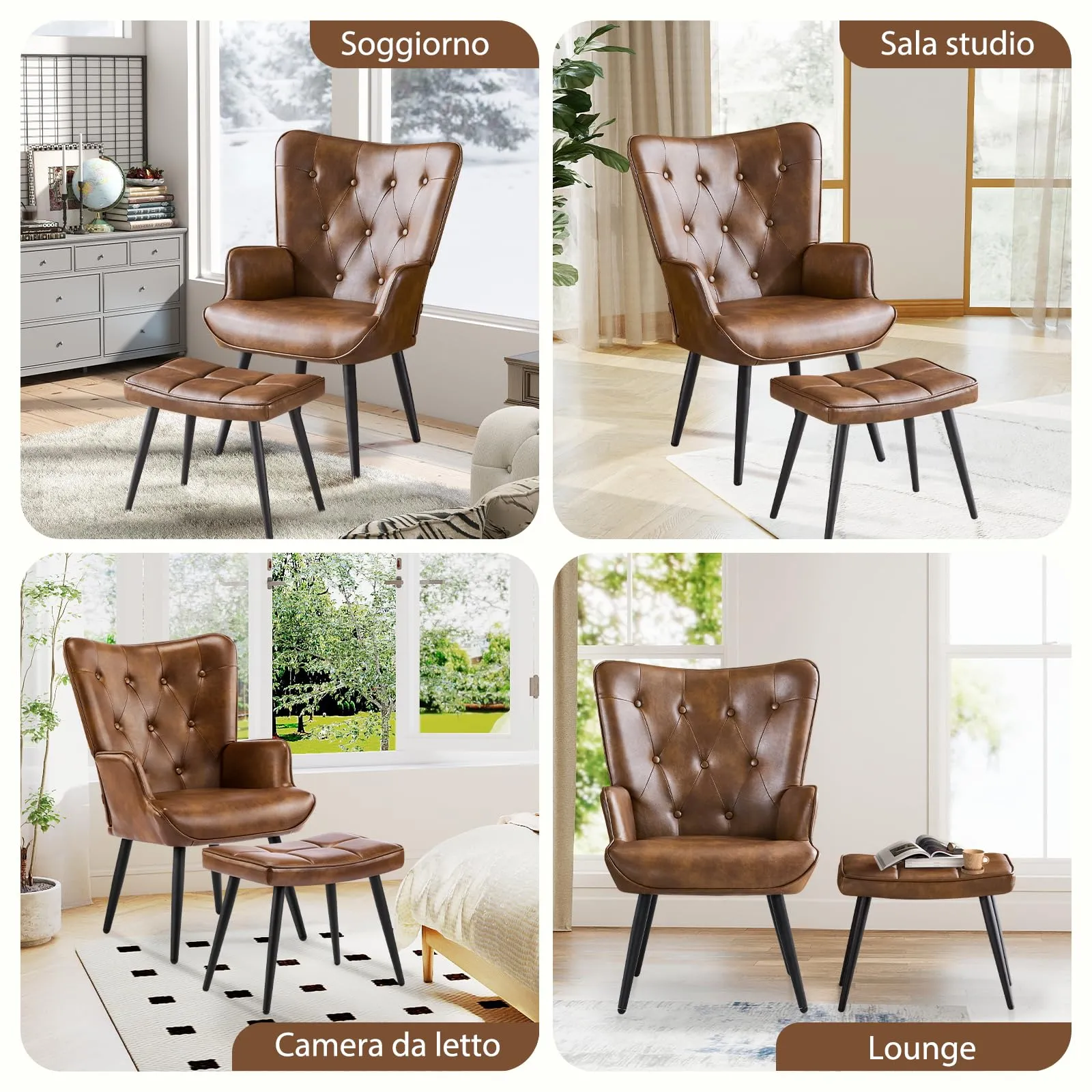 Ckaff Poltrona Salotto con Poggiapiedi in Pelle PU, Poltroncina Scandinava Relax con Schienale Alto, Marrone - immagine 3