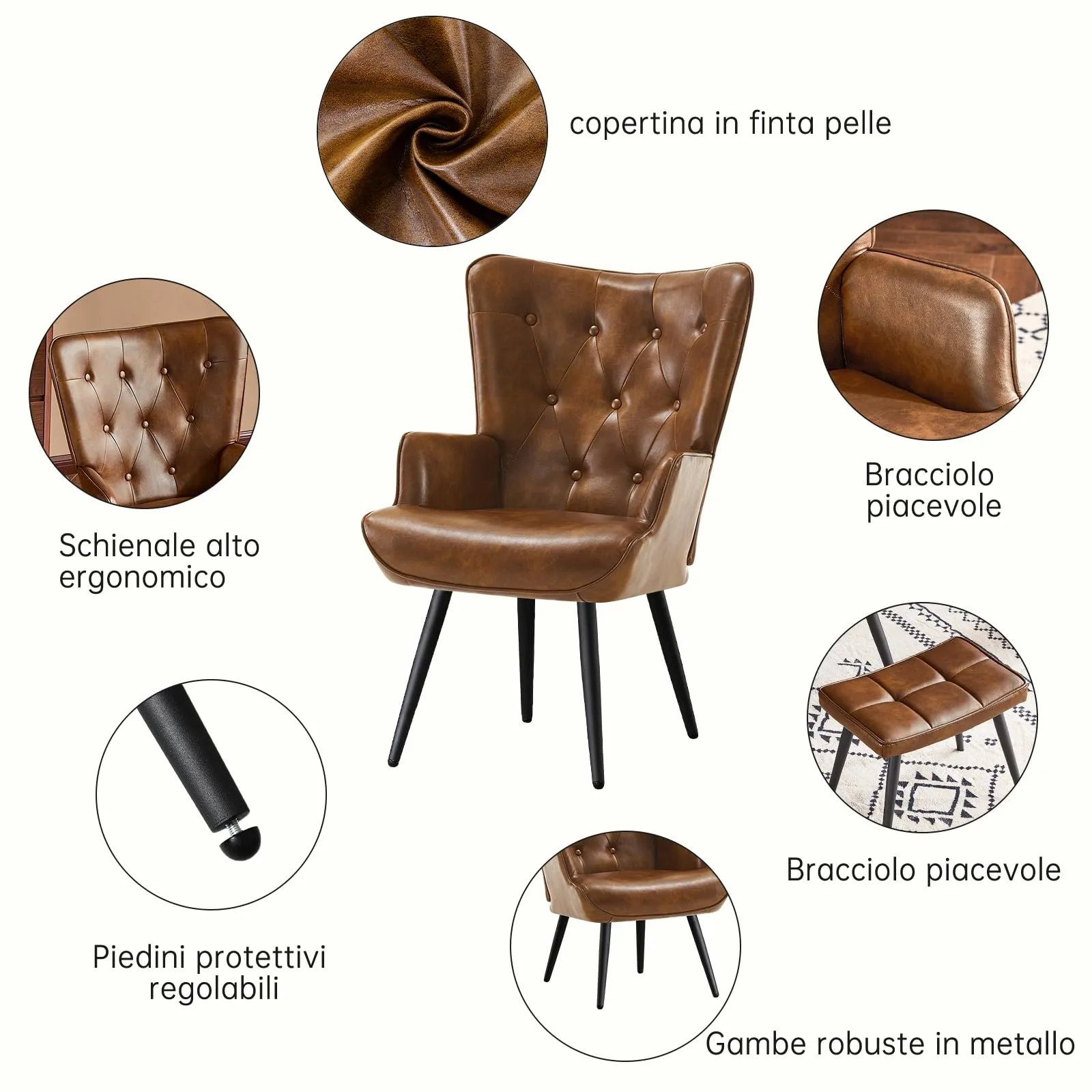 Ckaff Poltrona Salotto con Poggiapiedi in Pelle PU, Poltroncina Scandinava Relax con Schienale Alto, Marrone - immagine 4