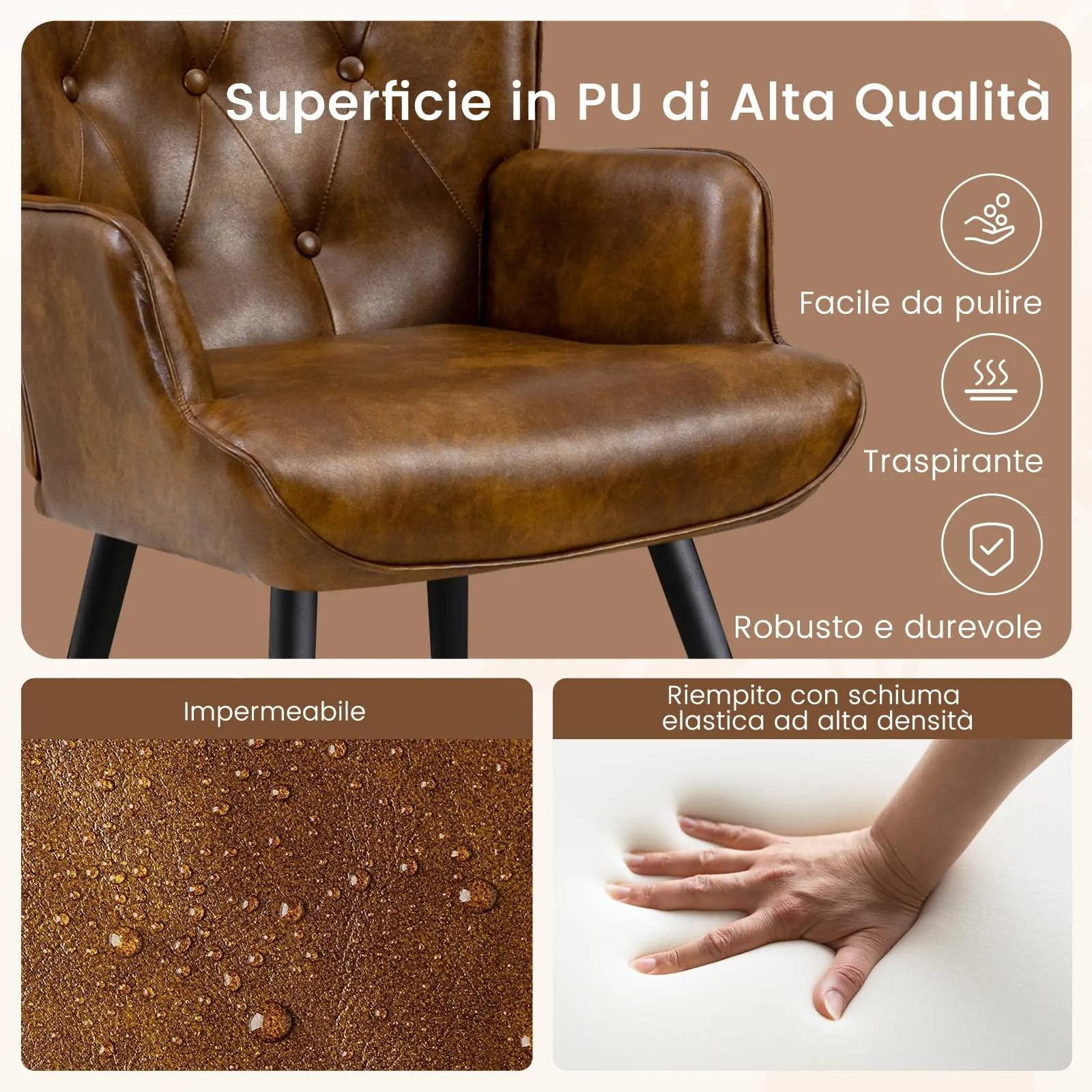 Ckaff Poltrona Salotto con Poggiapiedi in Pelle PU, Poltroncina Scandinava Relax con Schienale Alto, Marrone - immagine 5