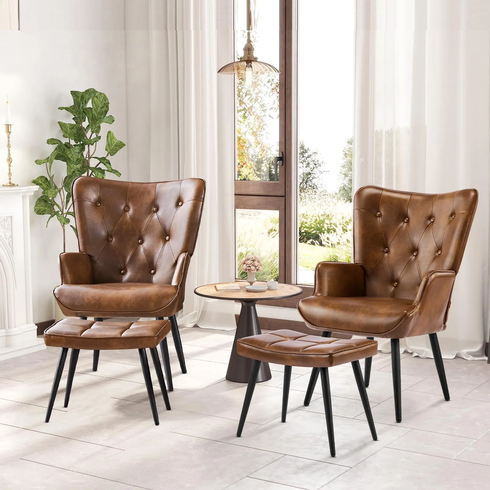 Ckaff Poltrona Salotto con Poggiapiedi in Pelle PU, Poltroncina Scandinava Relax con Schienale Alto, Marrone - immagine 6