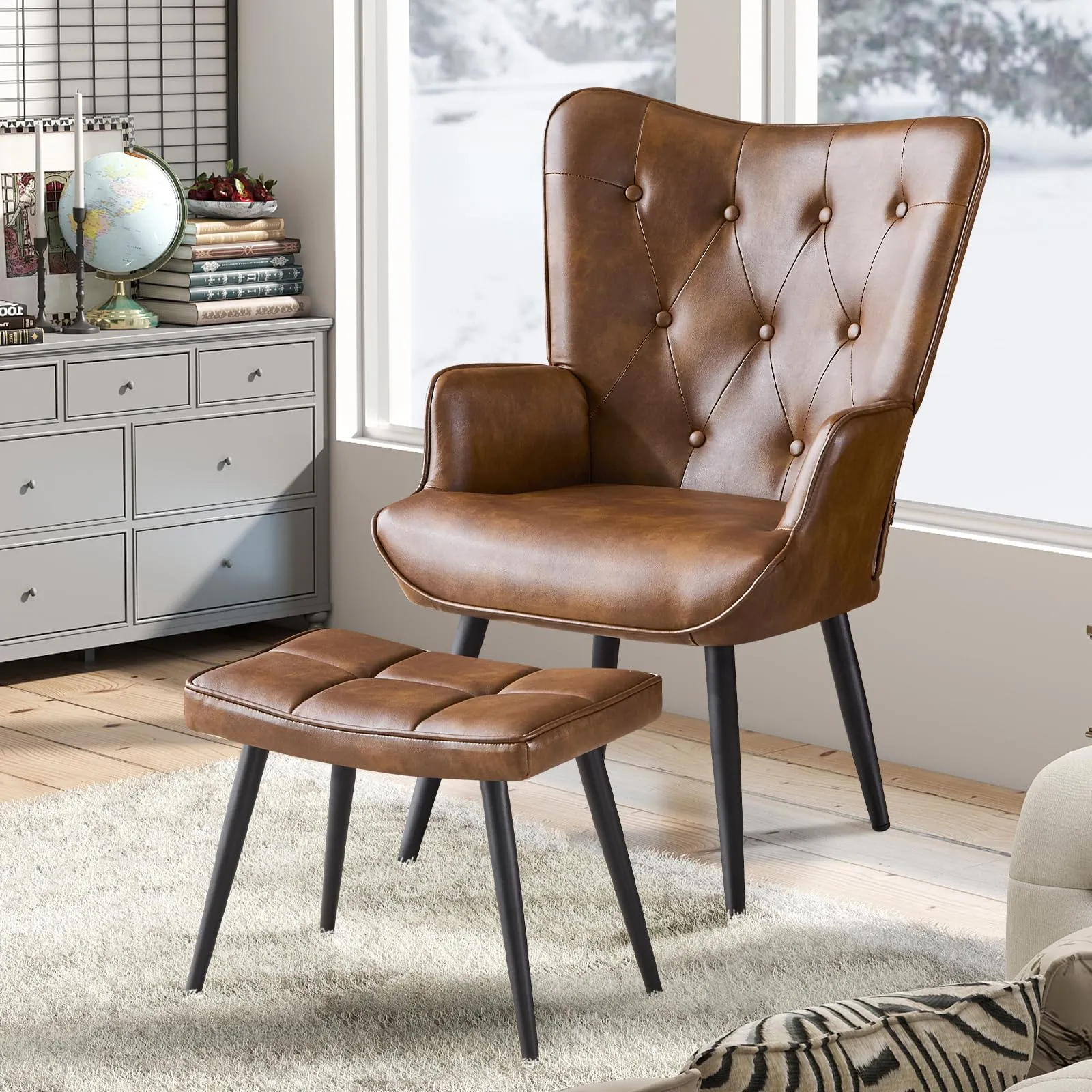 Ckaff Poltrona Salotto con Poggiapiedi in Pelle PU, Poltroncina Scandinava Relax con Schienale Alto, Marrone - immagine 7