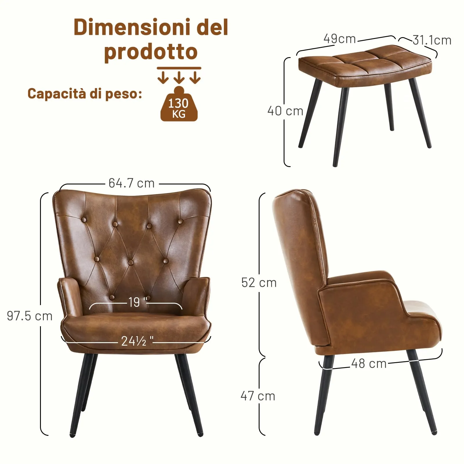 Ckaff Poltrona Salotto con Poggiapiedi in Pelle PU, Poltroncina Scandinava Relax con Schienale Alto, Marrone - immagine 8