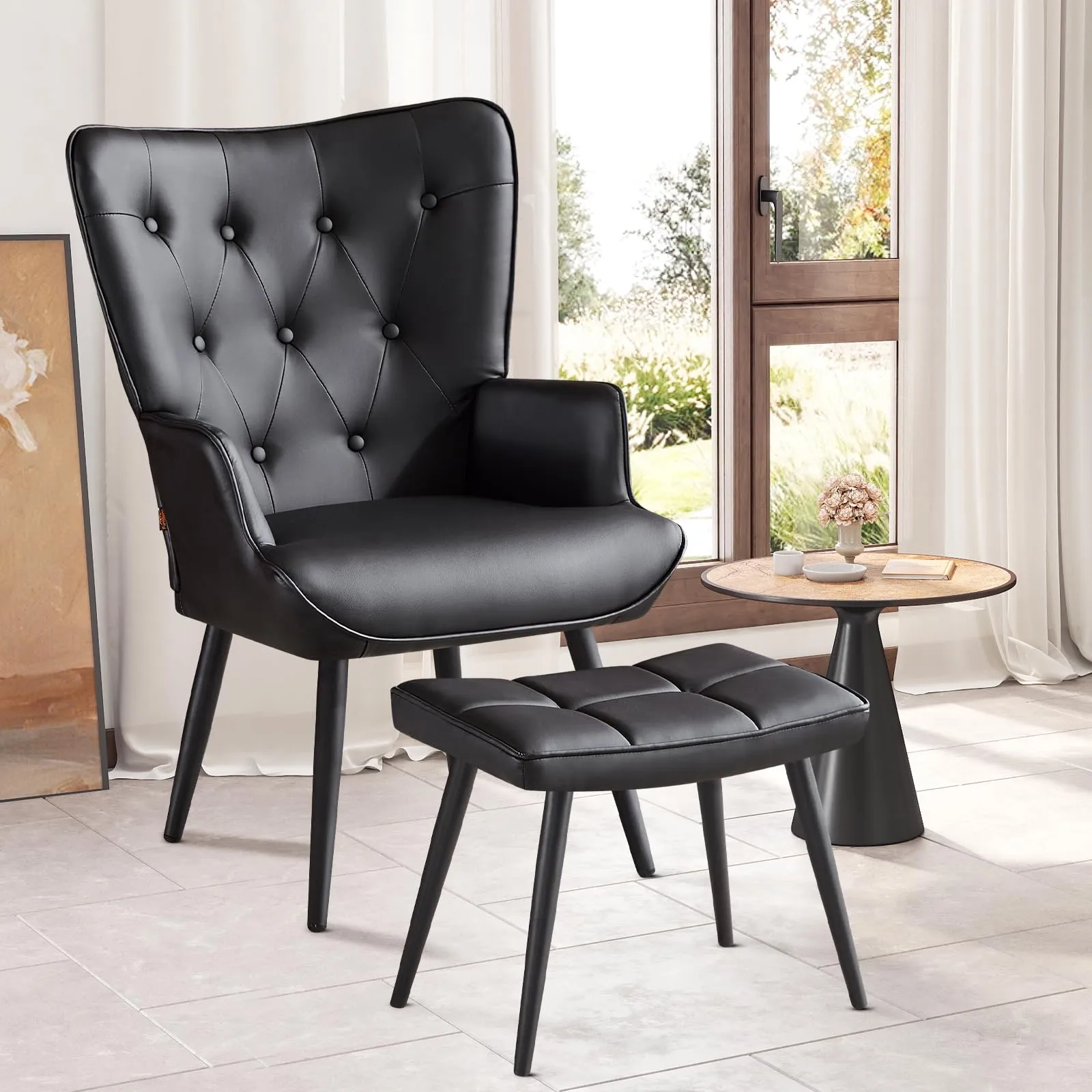 Ckaff Poltrona Salotto con Poggiapiedi in Pelle PU, Design Scandinavo con Schienale Alto, Nero - immagine 1