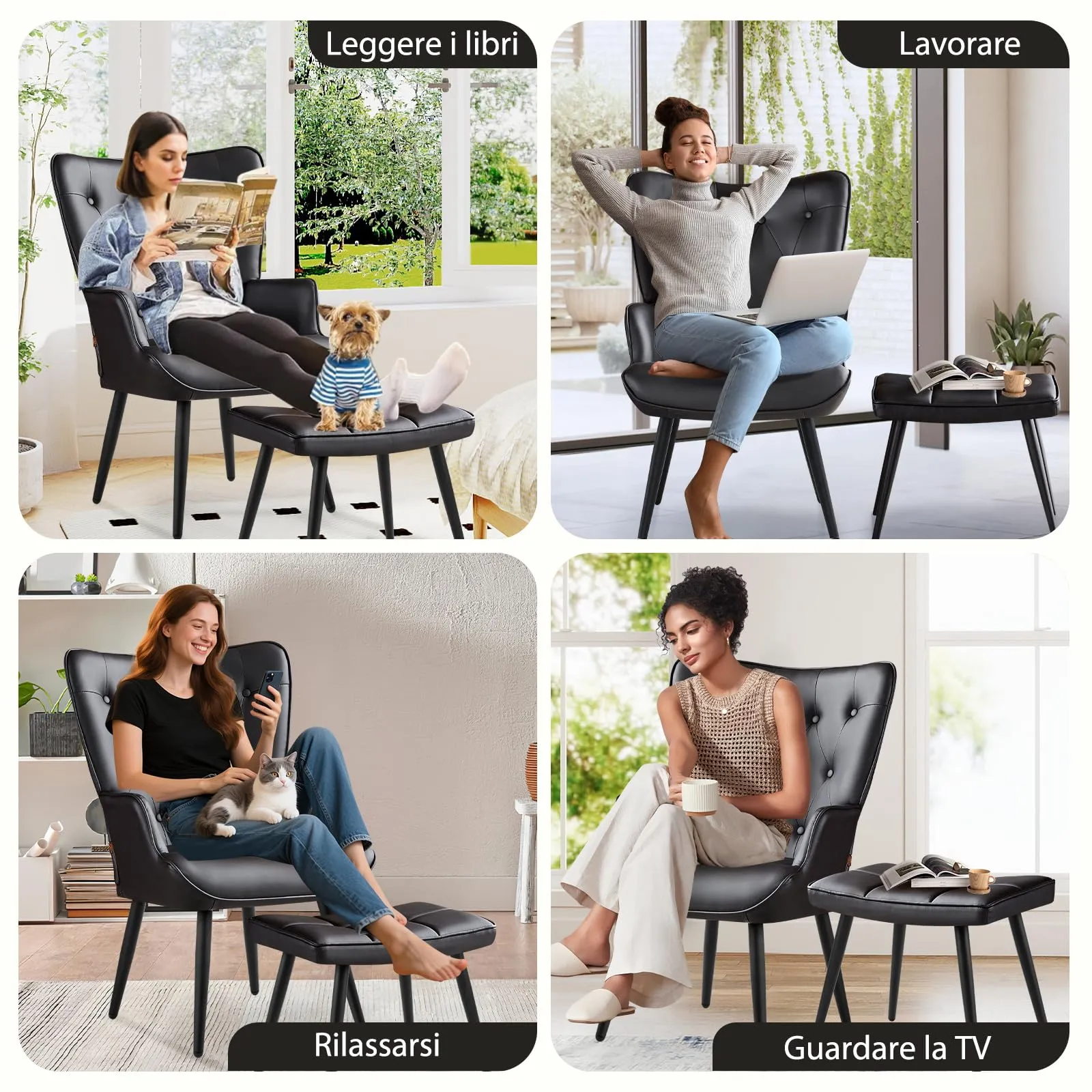Ckaff Poltrona Salotto con Poggiapiedi in Pelle PU, Design Scandinavo con Schienale Alto, Nero - immagine 2