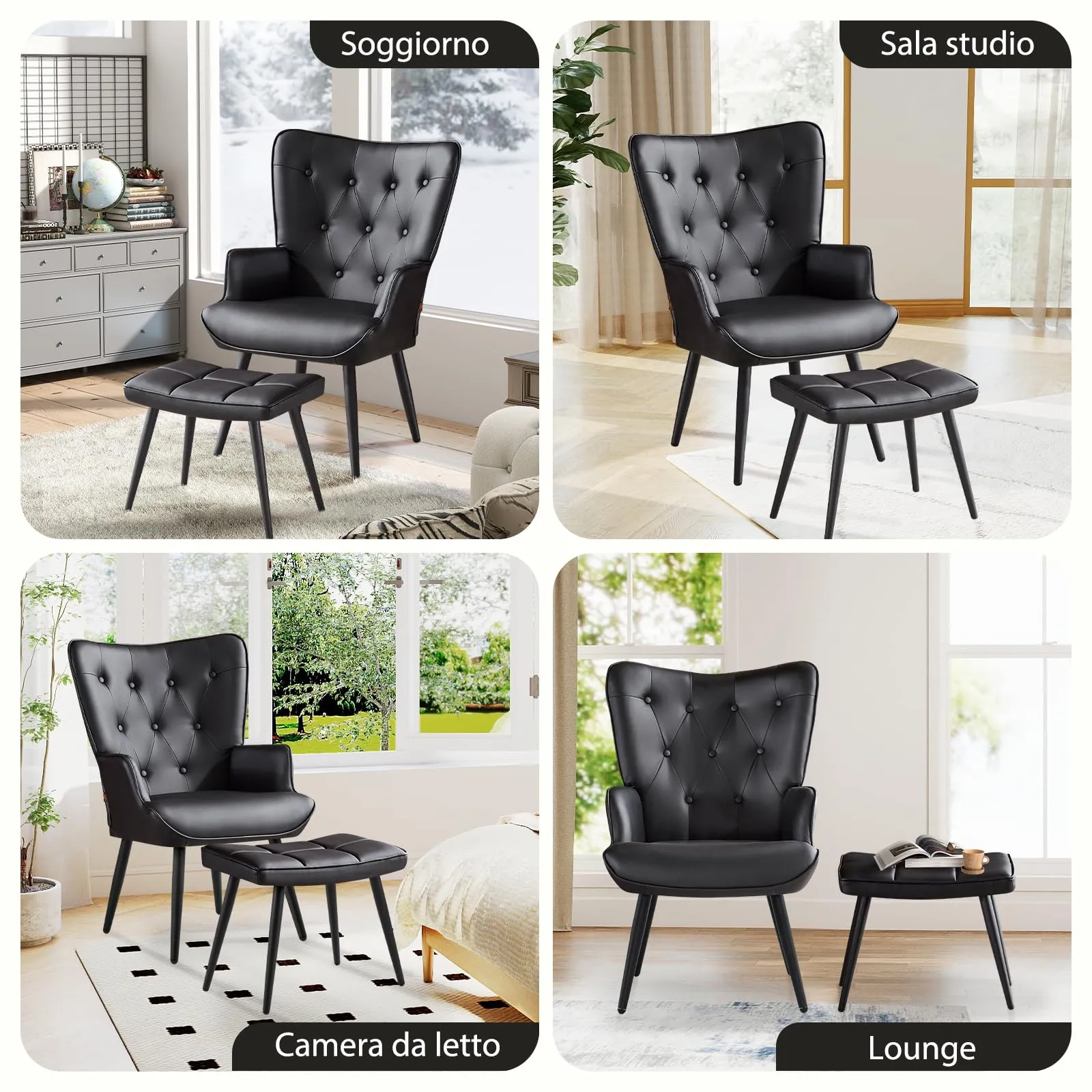 Ckaff Poltrona Salotto con Poggiapiedi in Pelle PU, Design Scandinavo con Schienale Alto, Nero - immagine 3