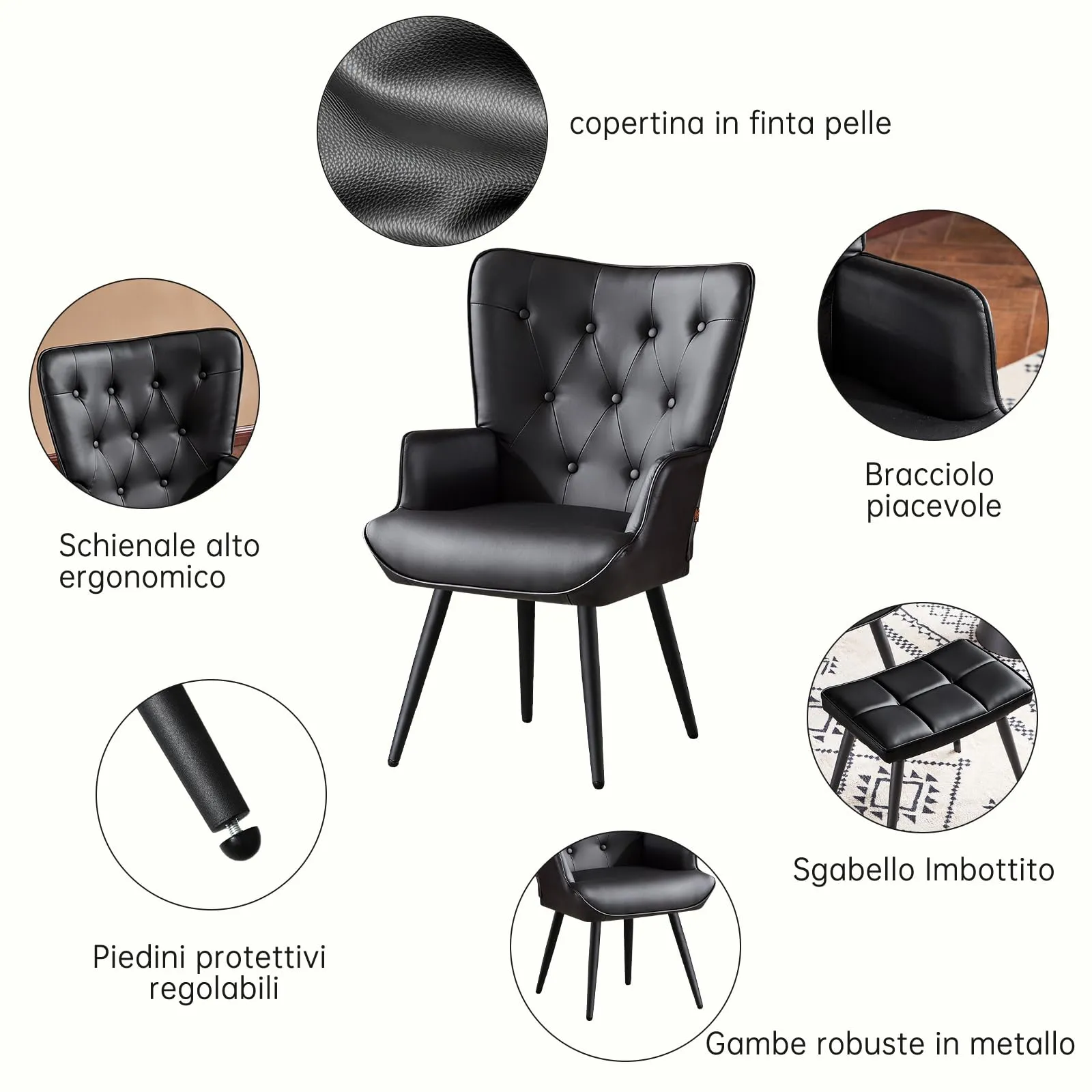 Ckaff Poltrona Salotto con Poggiapiedi in Pelle PU, Design Scandinavo con Schienale Alto, Nero - immagine 4