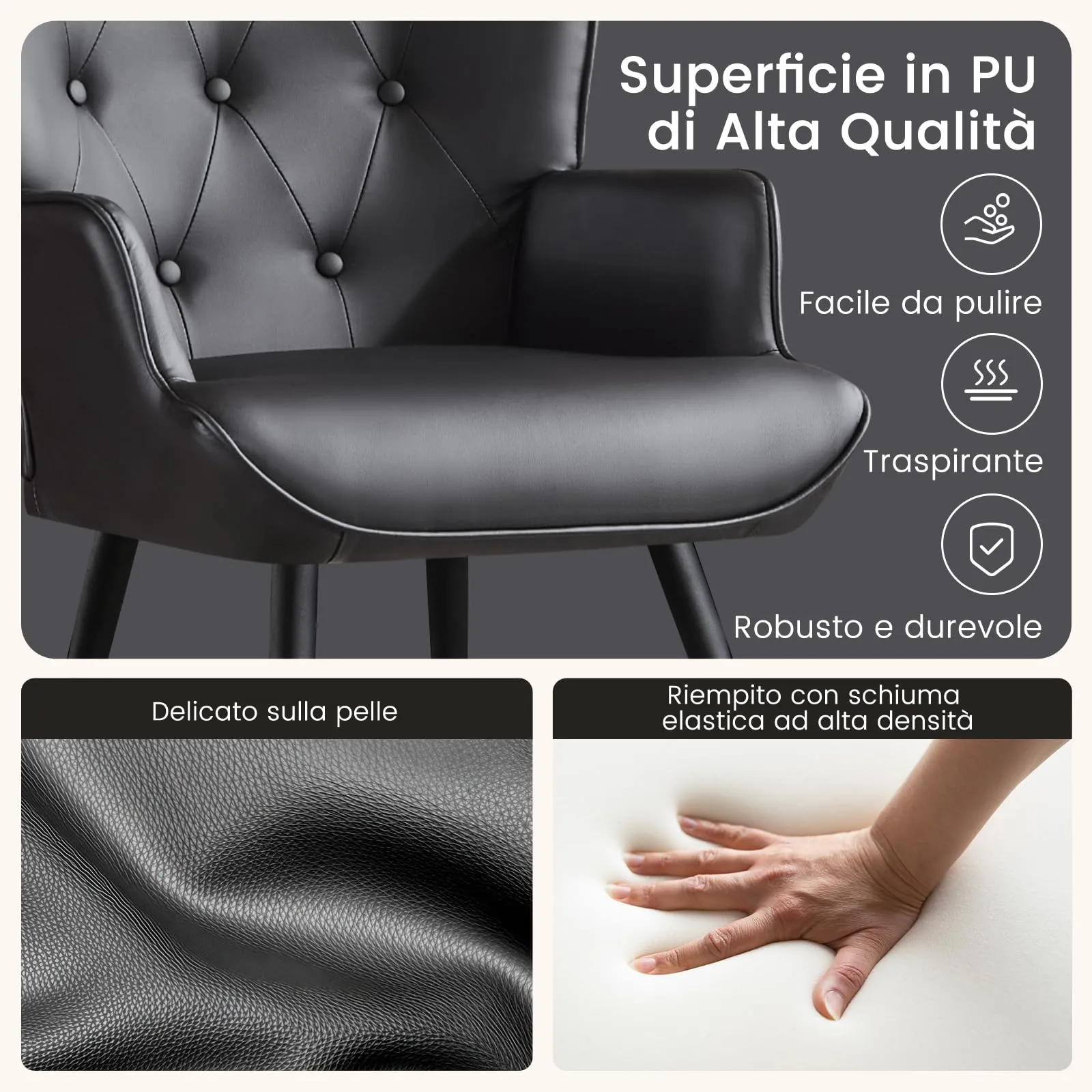 Ckaff Poltrona Salotto con Poggiapiedi in Pelle PU, Design Scandinavo con Schienale Alto, Nero - immagine 5