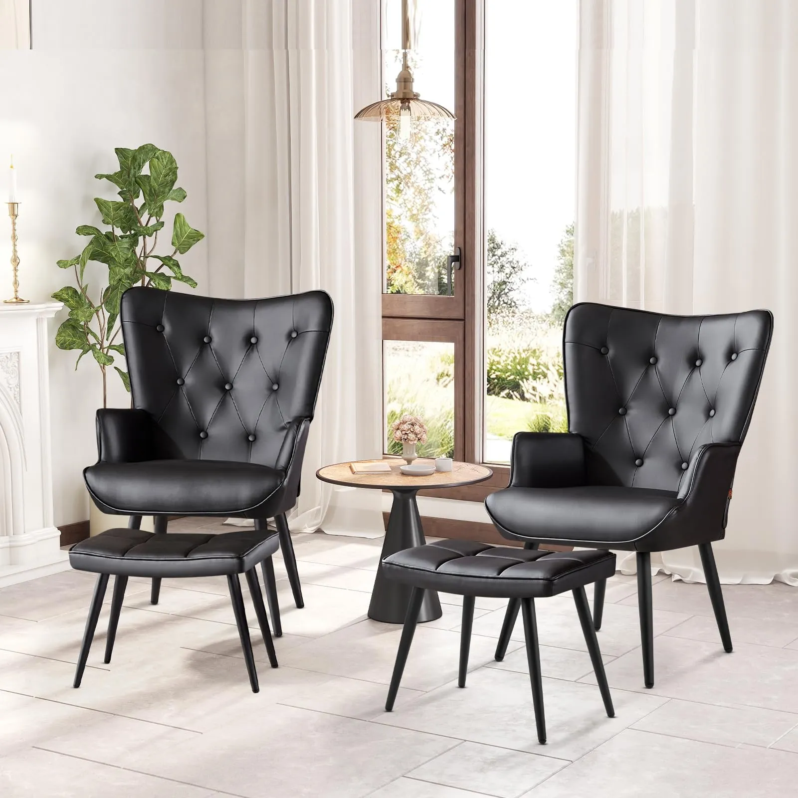 Ckaff Poltrona Salotto con Poggiapiedi in Pelle PU, Design Scandinavo con Schienale Alto, Nero - immagine 6