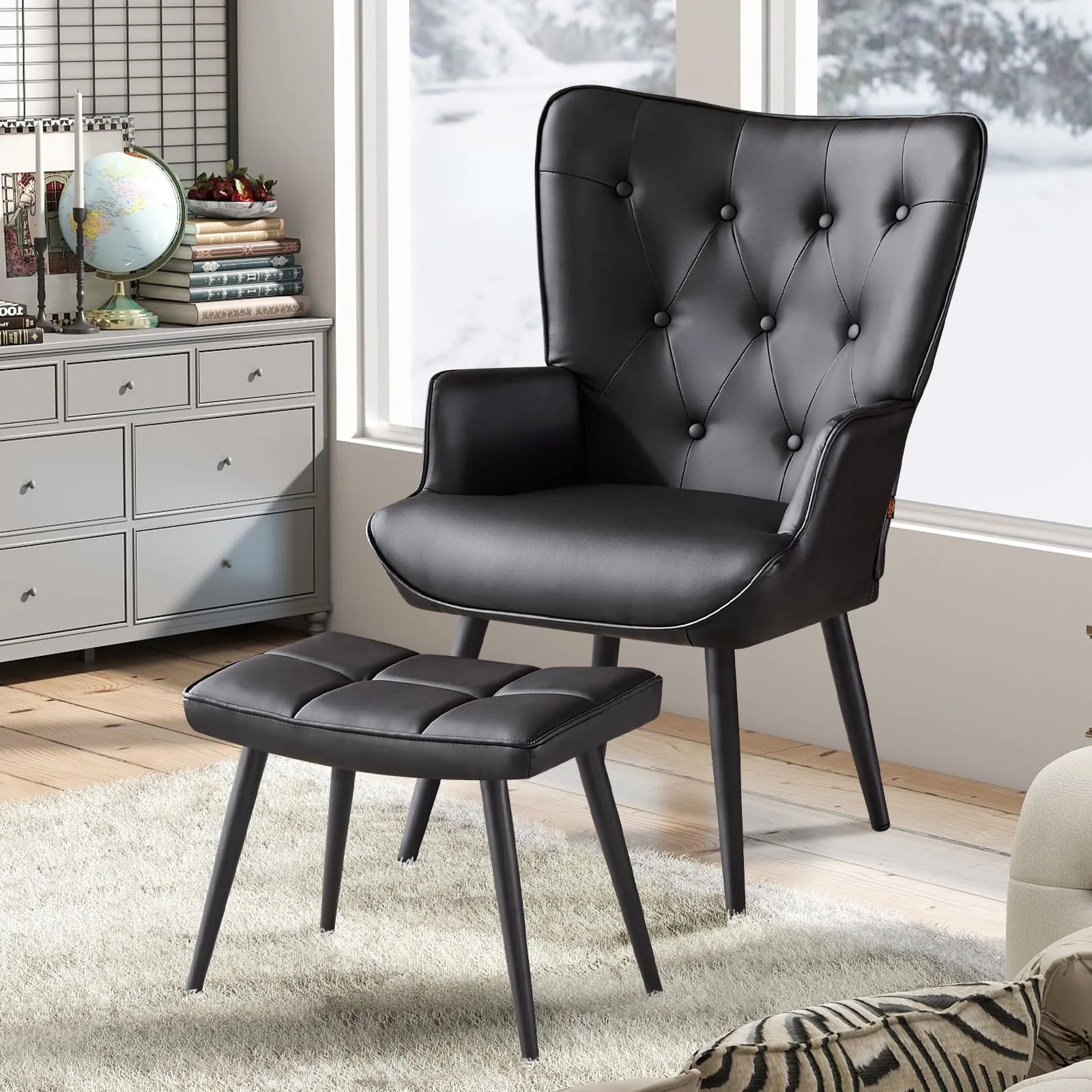 Ckaff Poltrona Salotto con Poggiapiedi in Pelle PU, Design Scandinavo con Schienale Alto, Nero - immagine 7