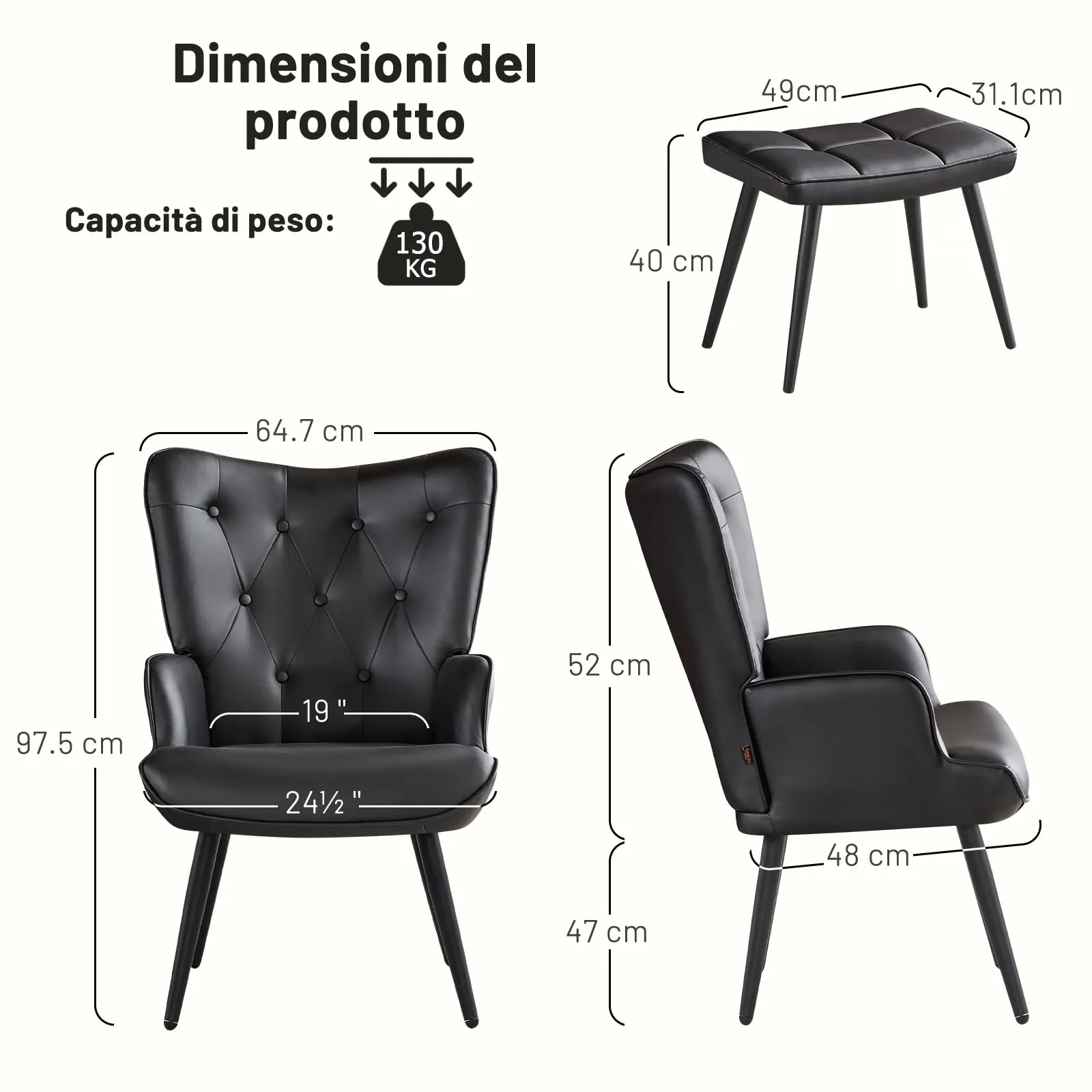 Ckaff Poltrona Salotto con Poggiapiedi in Pelle PU, Design Scandinavo con Schienale Alto, Nero - immagine 8