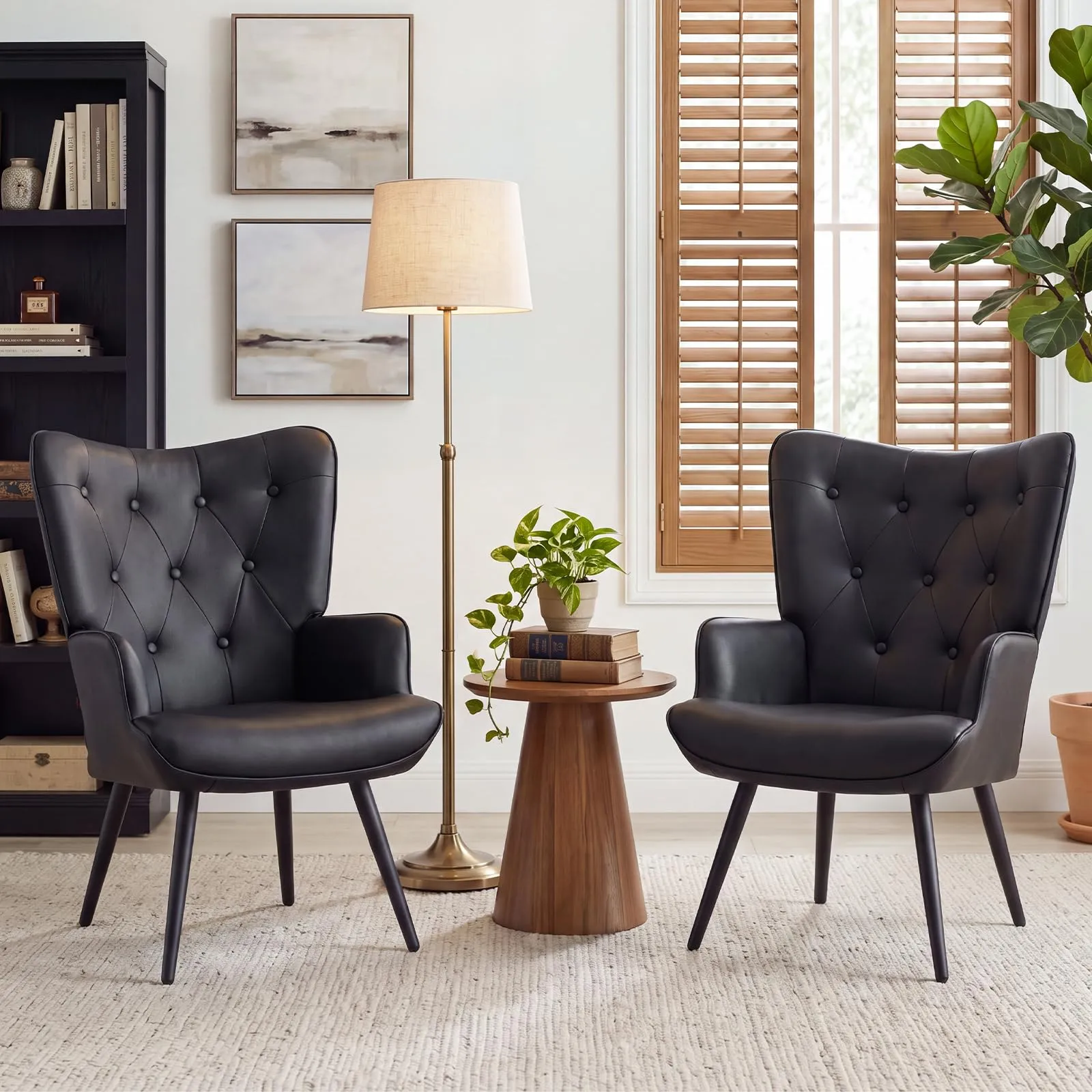 Ckaff Set di 2 Poltrone Salotto Scandinave in Finta Pelle con Braccioli e Schienale Alto, Nero - immagine 1