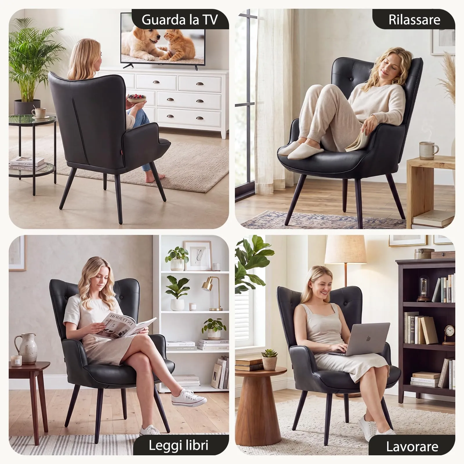 Ckaff Set di 2 Poltrone Salotto Scandinave in Finta Pelle con Braccioli e Schienale Alto, Nero - immagine 2
