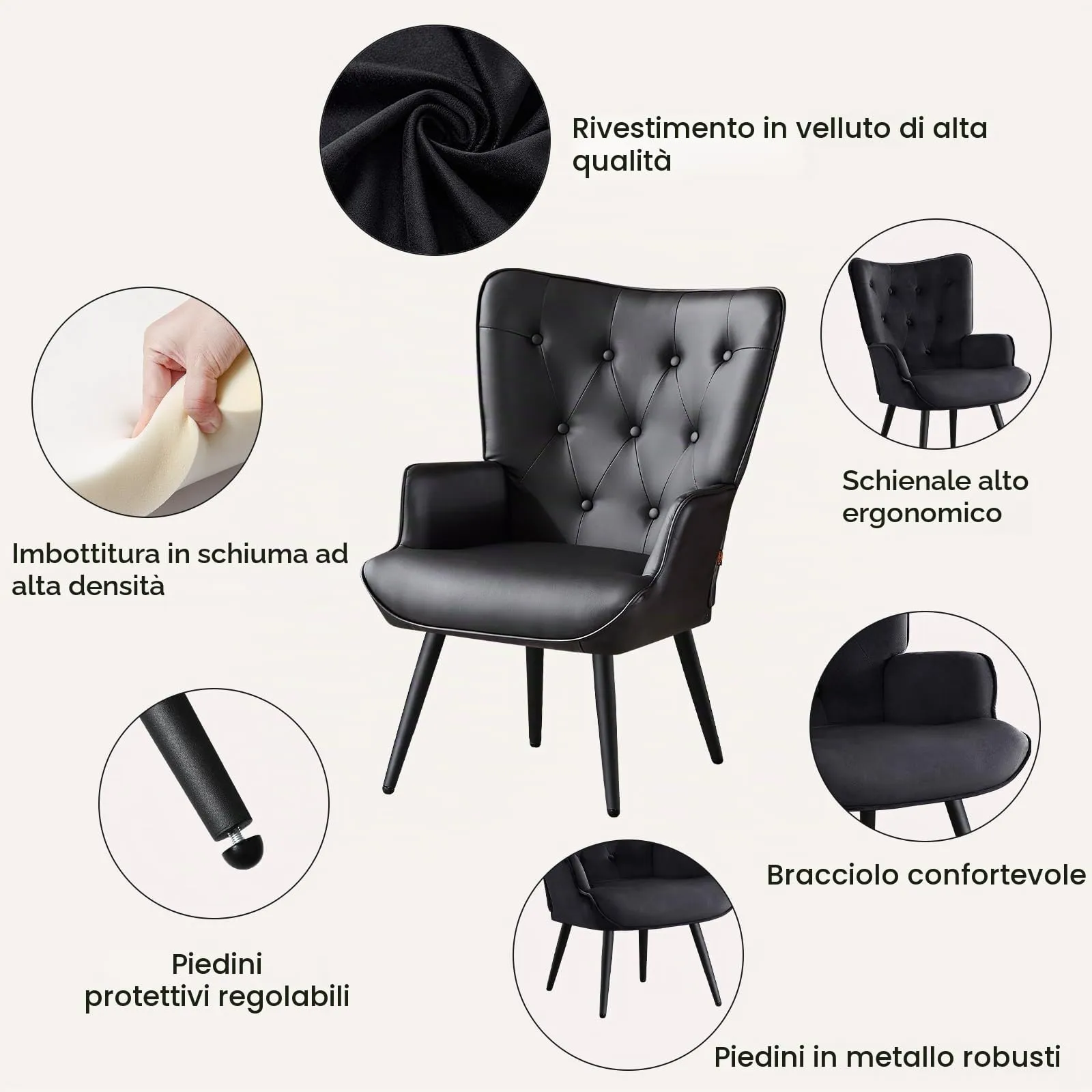 Ckaff Set di 2 Poltrone Salotto Scandinave in Finta Pelle con Braccioli e Schienale Alto, Nero - immagine 4