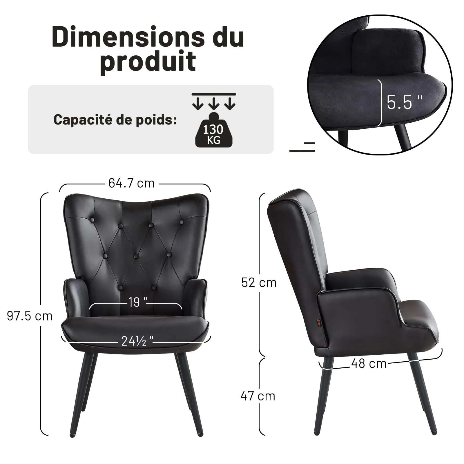 Ckaff Set di 2 Poltrone Salotto Scandinave in Finta Pelle con Braccioli e Schienale Alto, Nero - immagine 7
