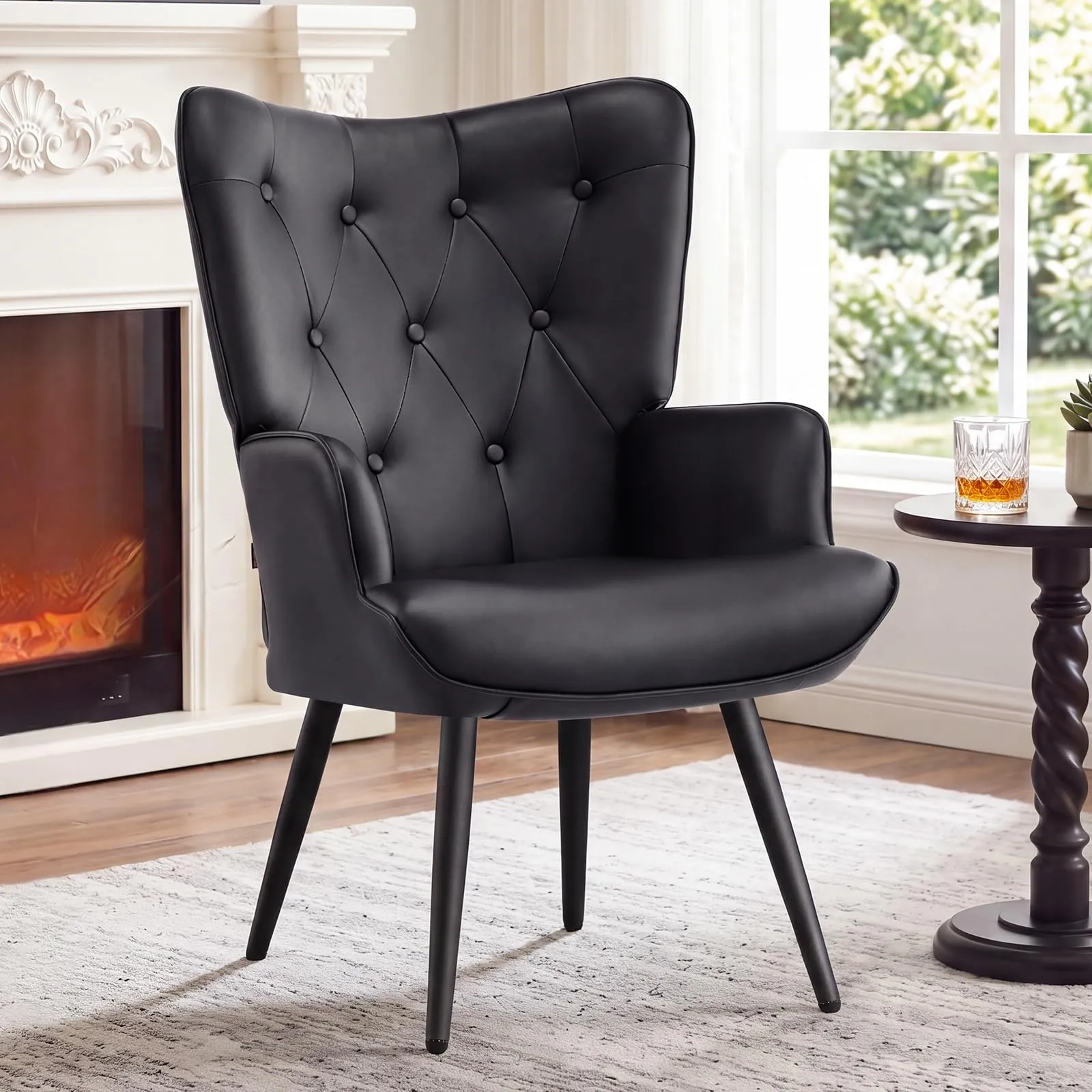 Ckaff Poltrona Salotto Imbottita Scandinava in Finta Pelle con Braccioli e Schienale Alto, Nero - immagine 1