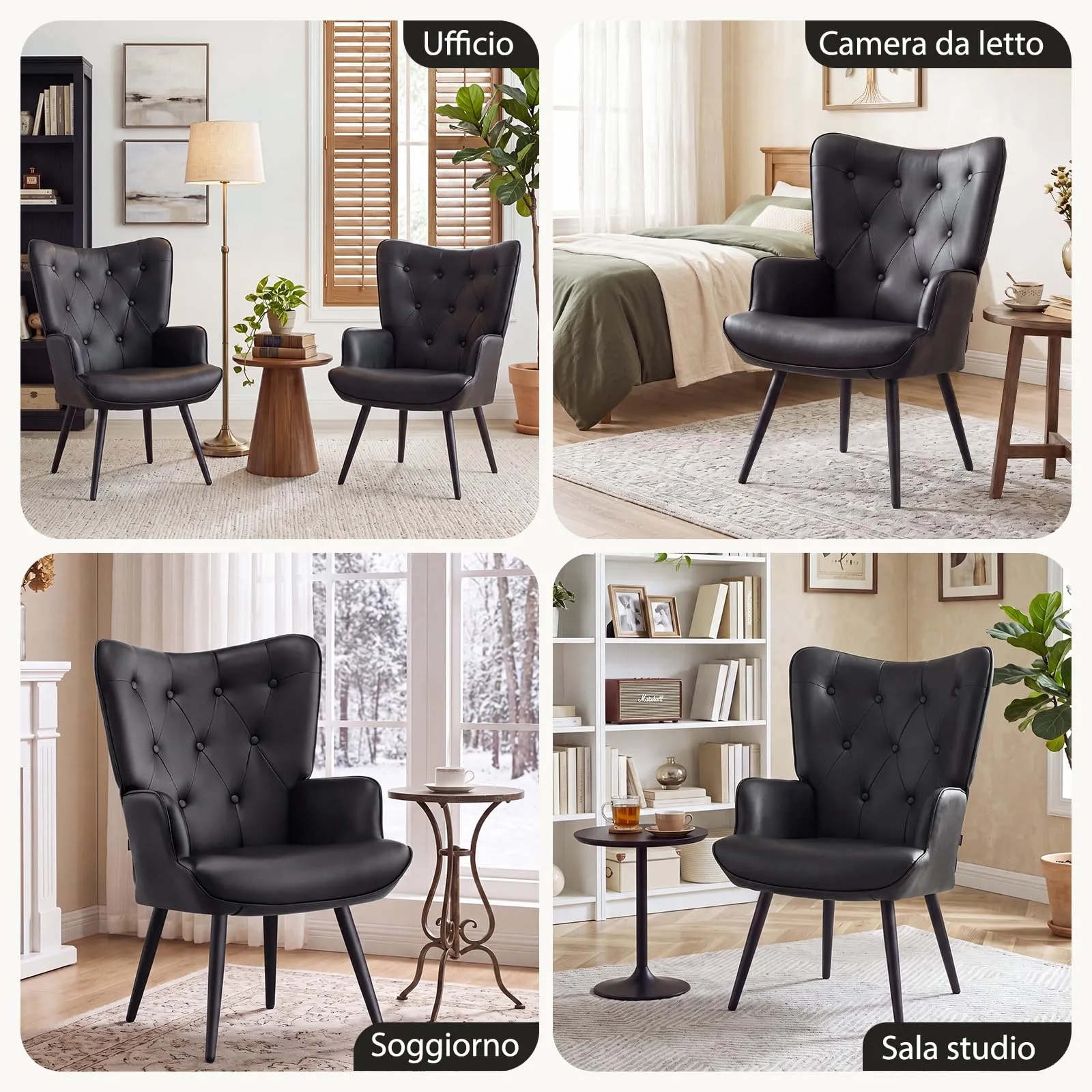 Ckaff Poltrona Salotto Imbottita Scandinava in Finta Pelle con Braccioli e Schienale Alto, Nero - immagine 3