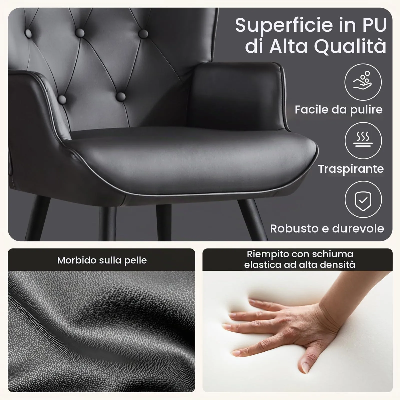 Ckaff Poltrona Salotto Imbottita Scandinava in Finta Pelle con Braccioli e Schienale Alto, Nero - immagine 5