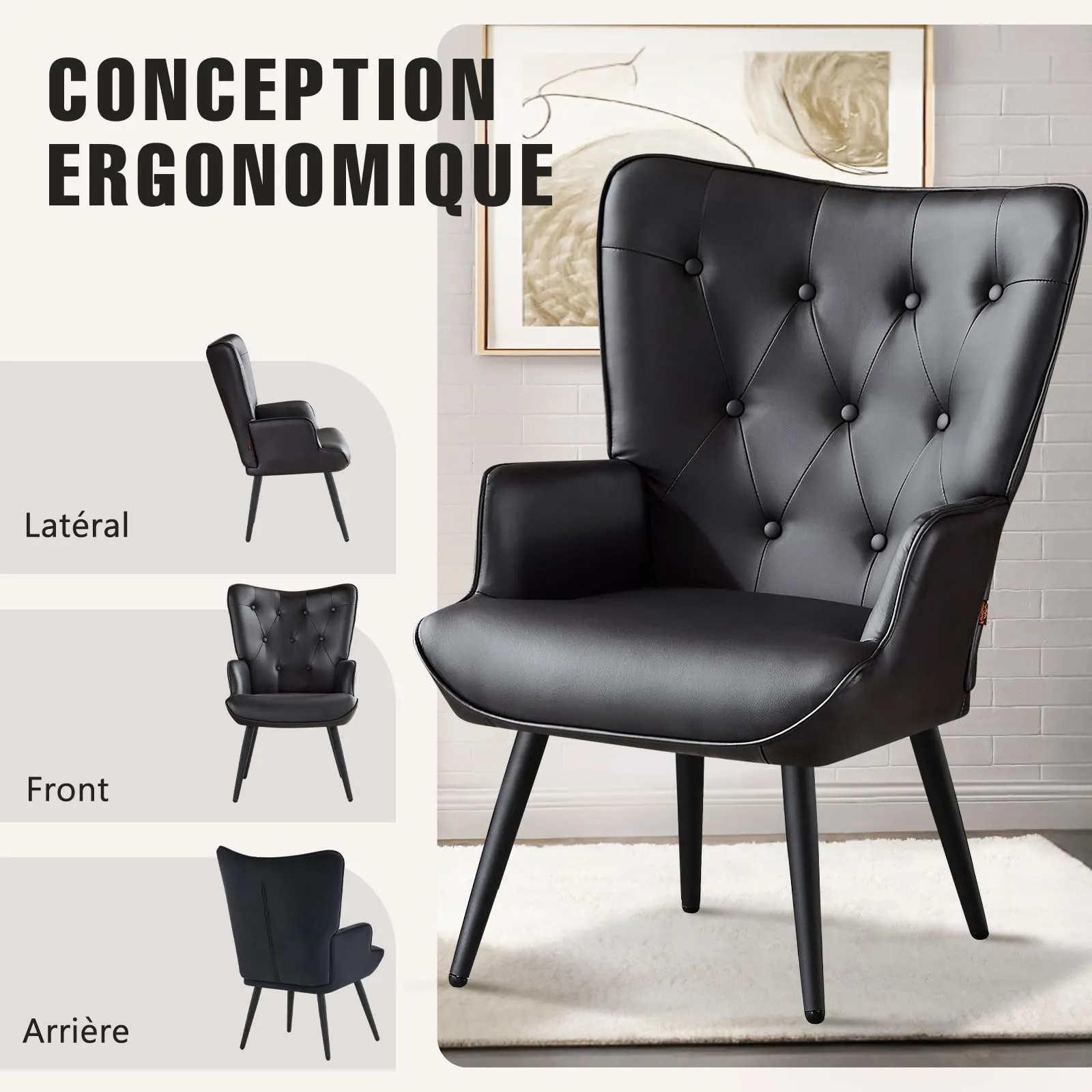 Ckaff Poltrona Salotto Imbottita Scandinava in Finta Pelle con Braccioli e Schienale Alto, Nero - immagine 6