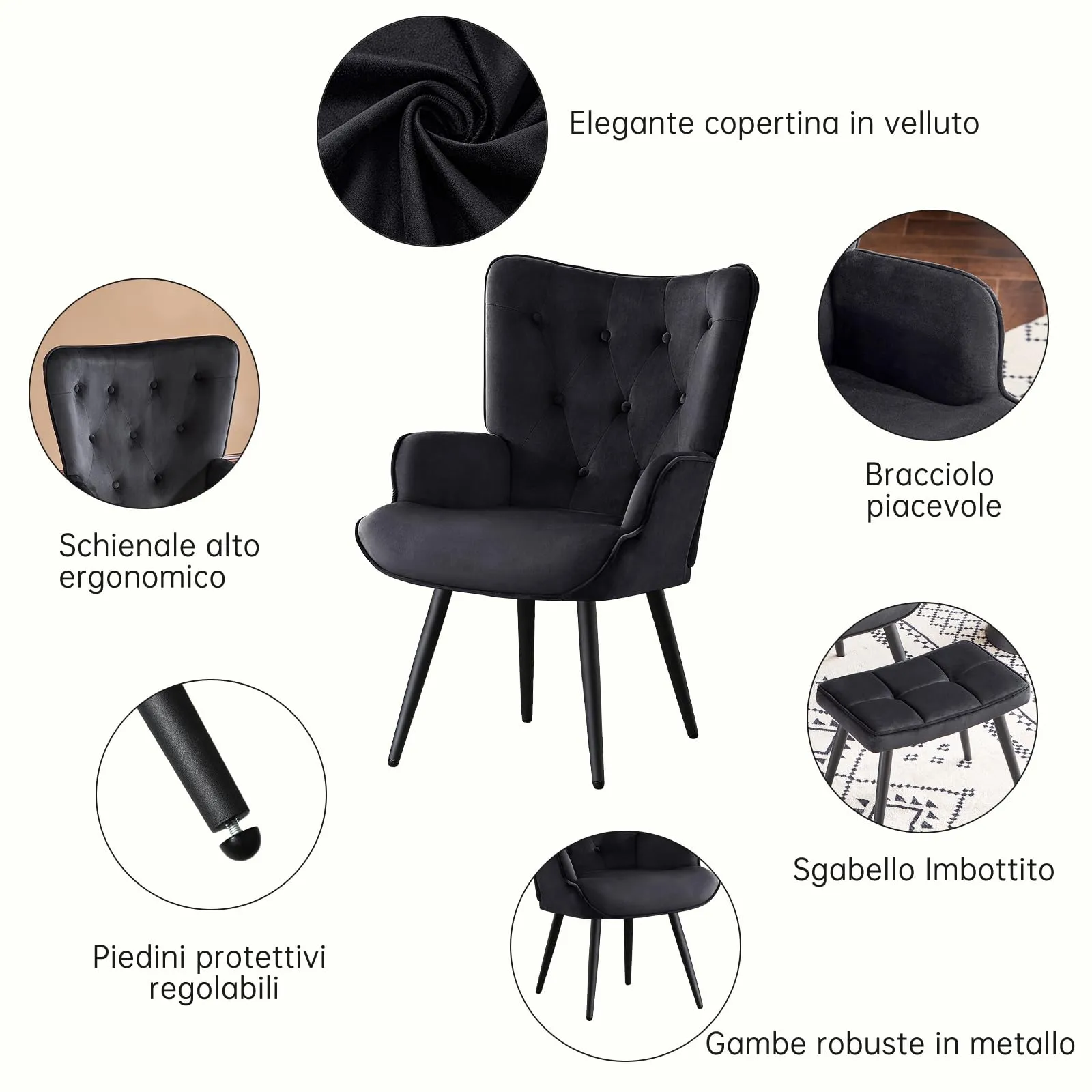 Ckaff Poltrona Salotto in Velluto con Poggiapiedi, Schienale Alto, Nero - immagine 4