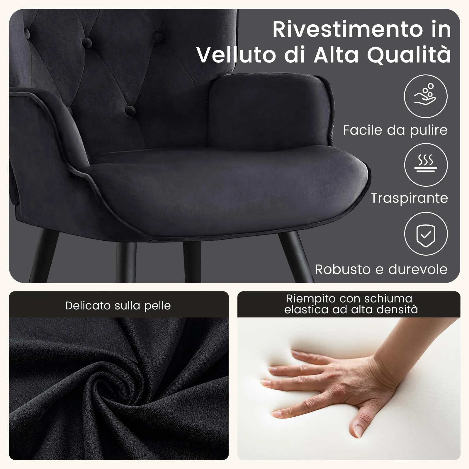 Ckaff Poltrona Salotto in Velluto con Poggiapiedi, Schienale Alto, Nero - immagine 5