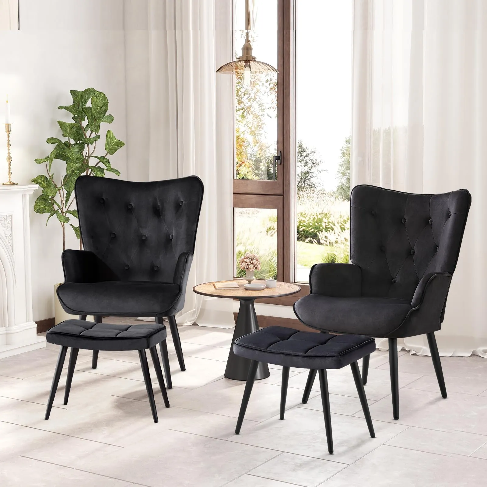 Ckaff Poltrona Salotto in Velluto con Poggiapiedi, Schienale Alto, Nero - immagine 6