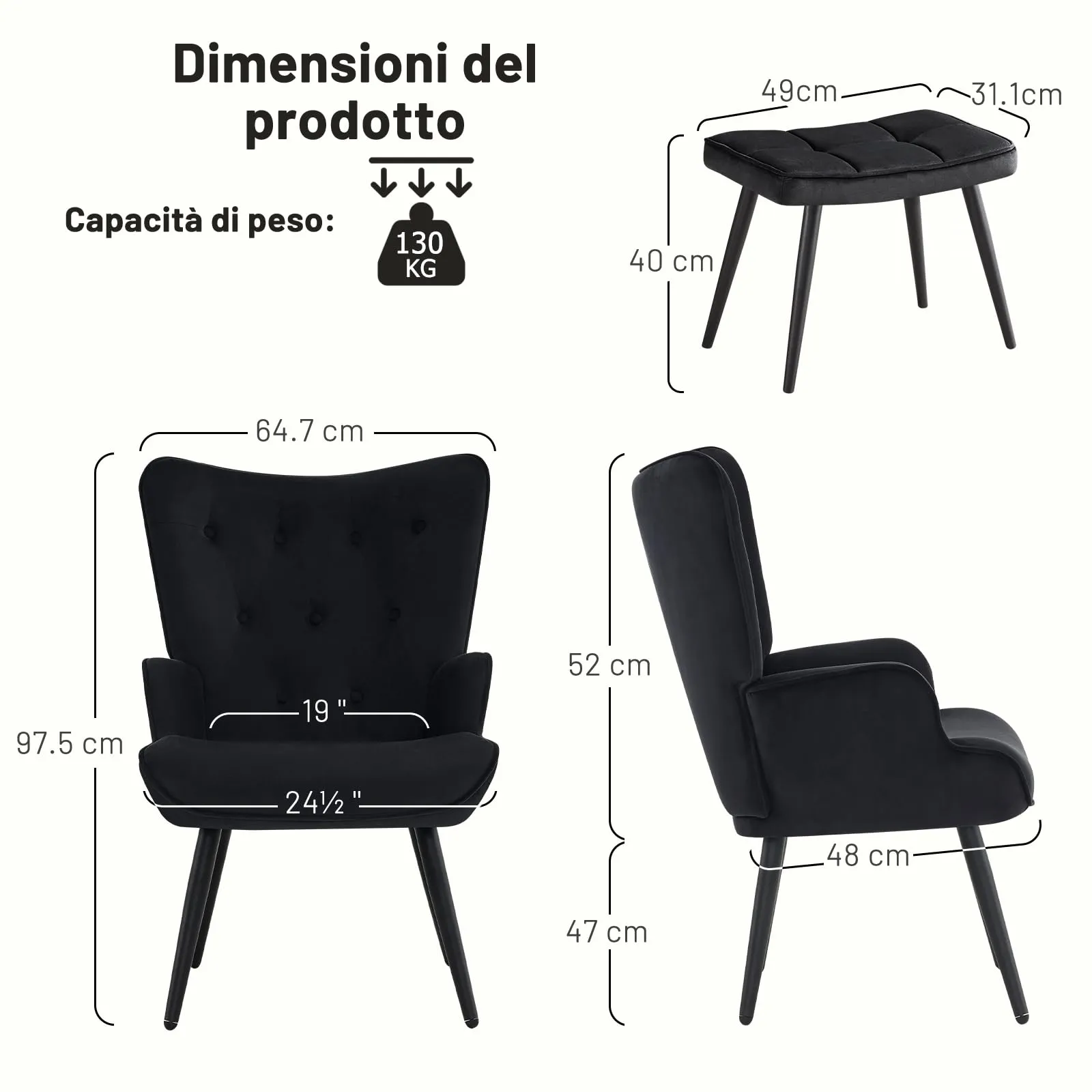 Ckaff Poltrona Salotto in Velluto con Poggiapiedi, Schienale Alto, Nero - immagine 8
