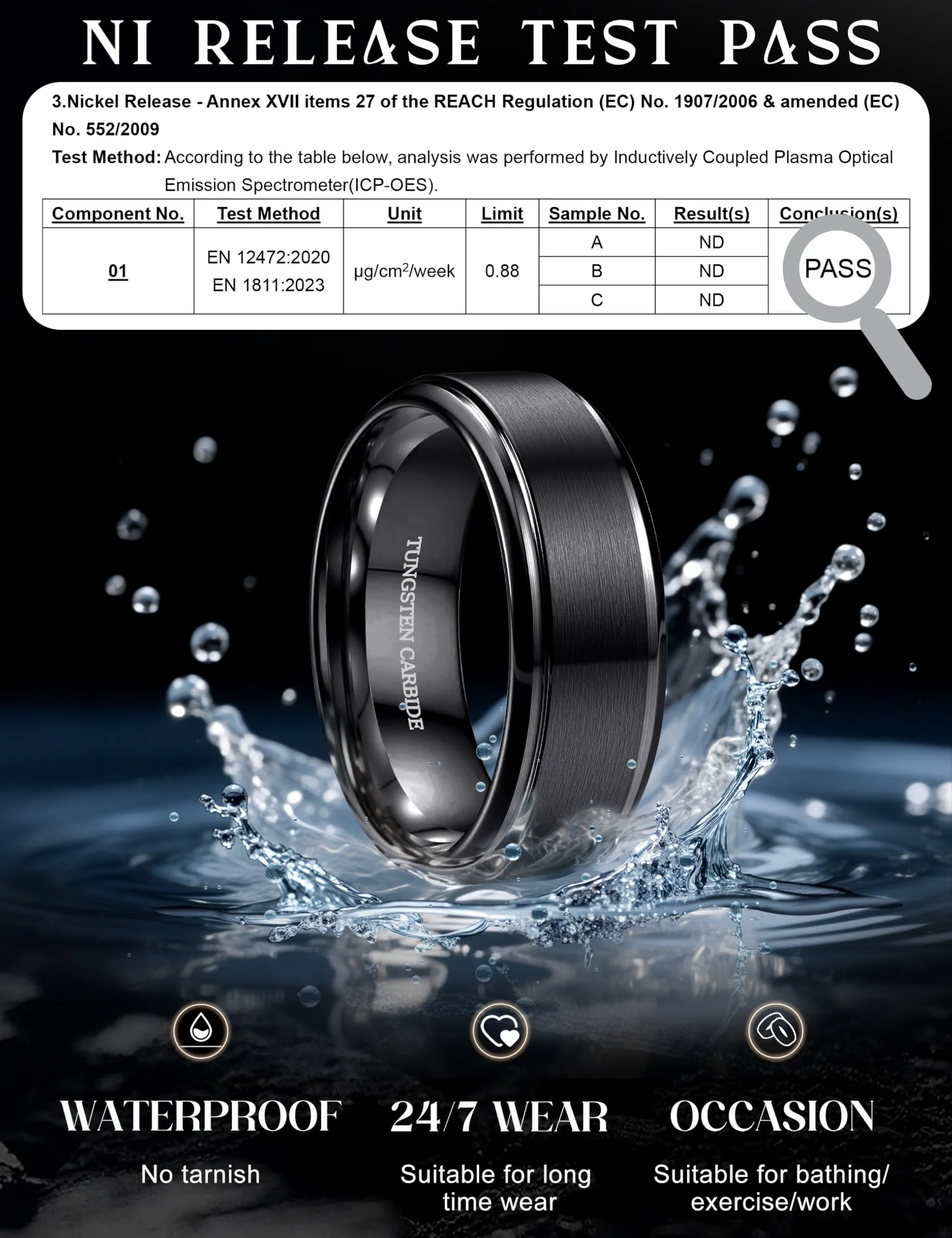 CASSIECA Anello Uomo in Tungsteno Nero 8mm, Fede Nuziale Dimensioni 66 - immagine 5