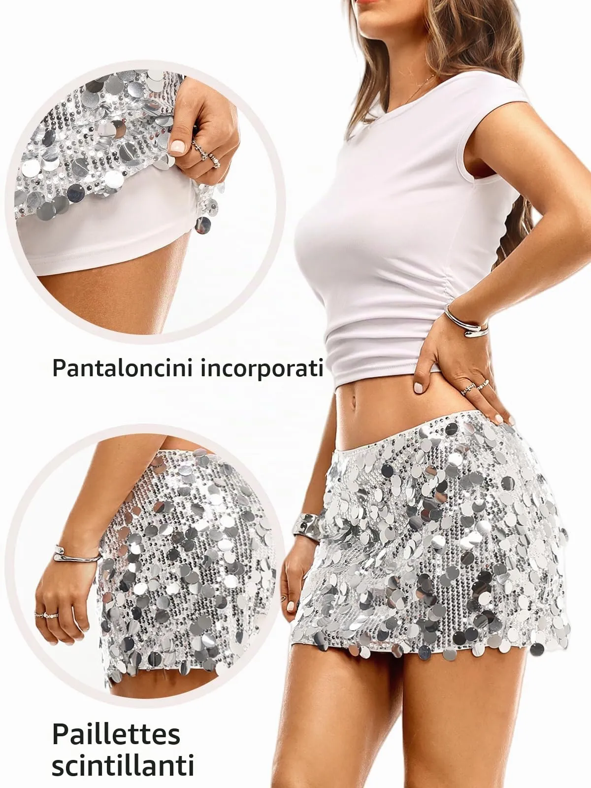 Danysu Gonna Mini Elasticizzata a Vita Alta con Pantaloncini e Spacco Laterale, S - immagine 5