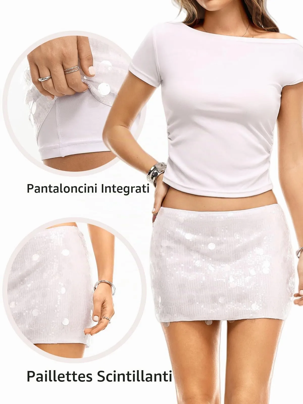 Danysu Gonna Mini Elasticizzata a Vita Bassa con Pantaloncini e Spacco Laterale, S - immagine 5