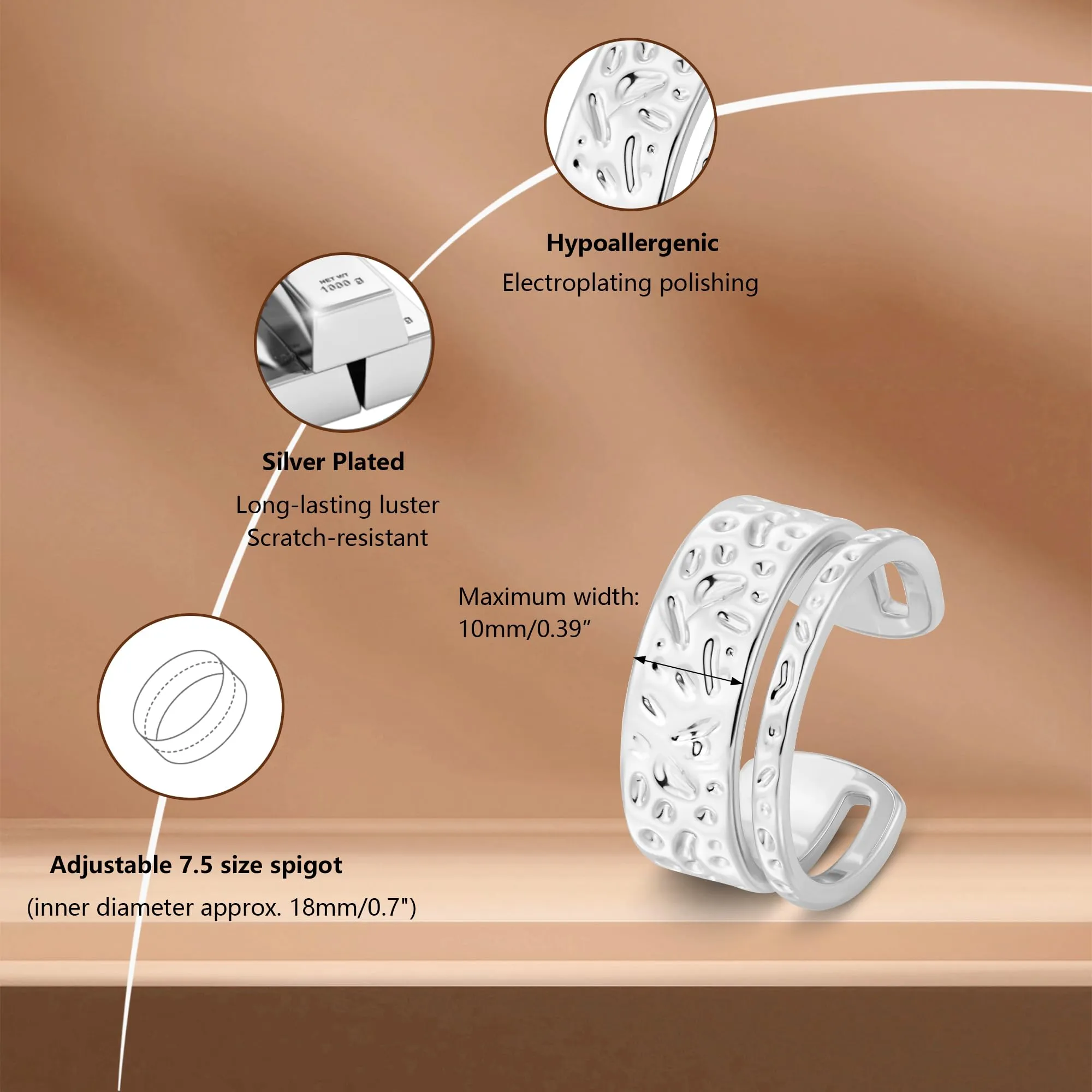 ALEXCRAFT Anello in Argento Aperto Regolabile Doppio Strato Martellato Unisex R0357 - immagine 5