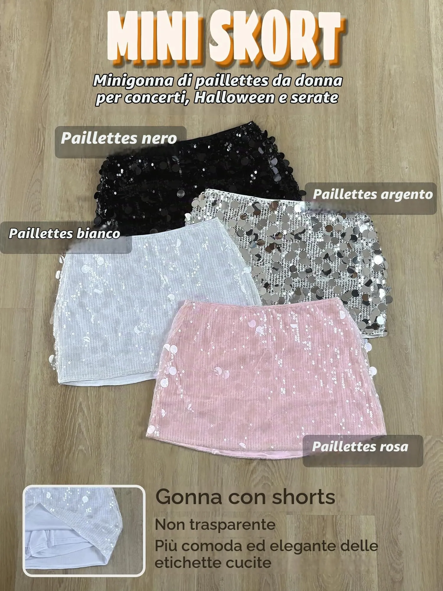 Danysu Mini Skorts Gonna a Vita Bassa con Pantaloncini e Spacco Laterale, Paillettes, L - immagine 4
