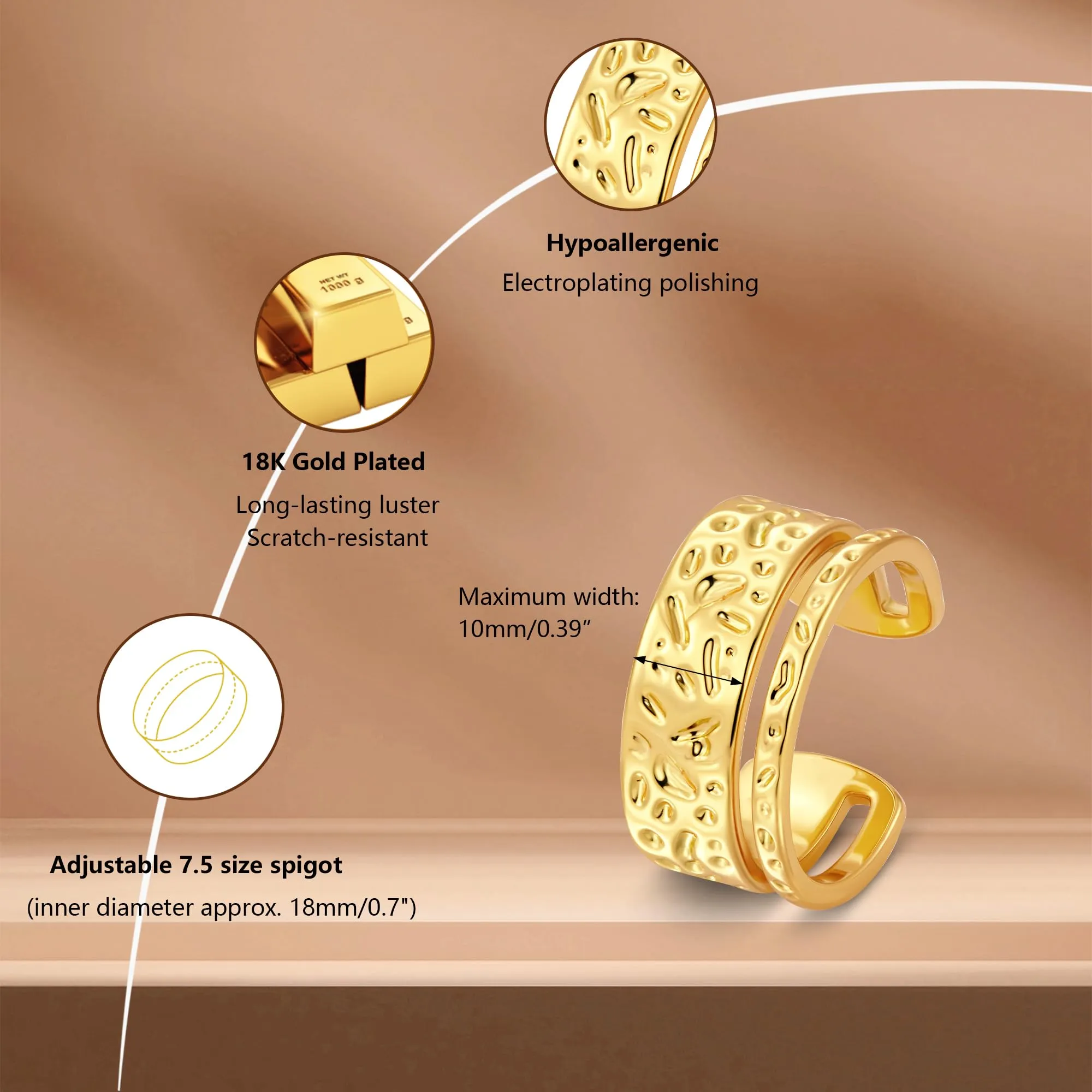 ALEXCRAFT Anello Oro 18K Placcato Aperto Doppio Strato Martellato Unisex R0356 - immagine 5