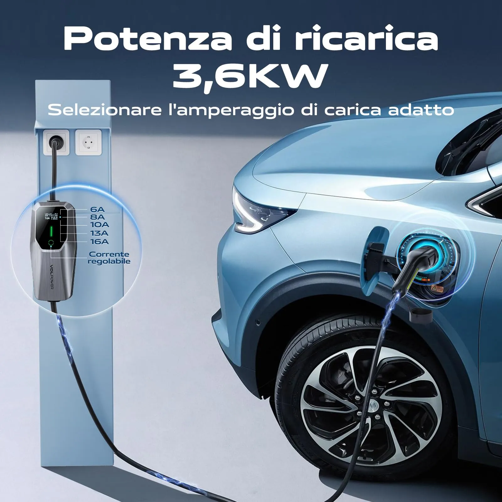 VDLPOWEREU Caricabatterie Elettrico per Auto Tipo 2 EC11-EU, 3,6 kW, 15m, 6-16A, Spina EU Schuko, IP65 (IEC 62196-2) - immagine 2