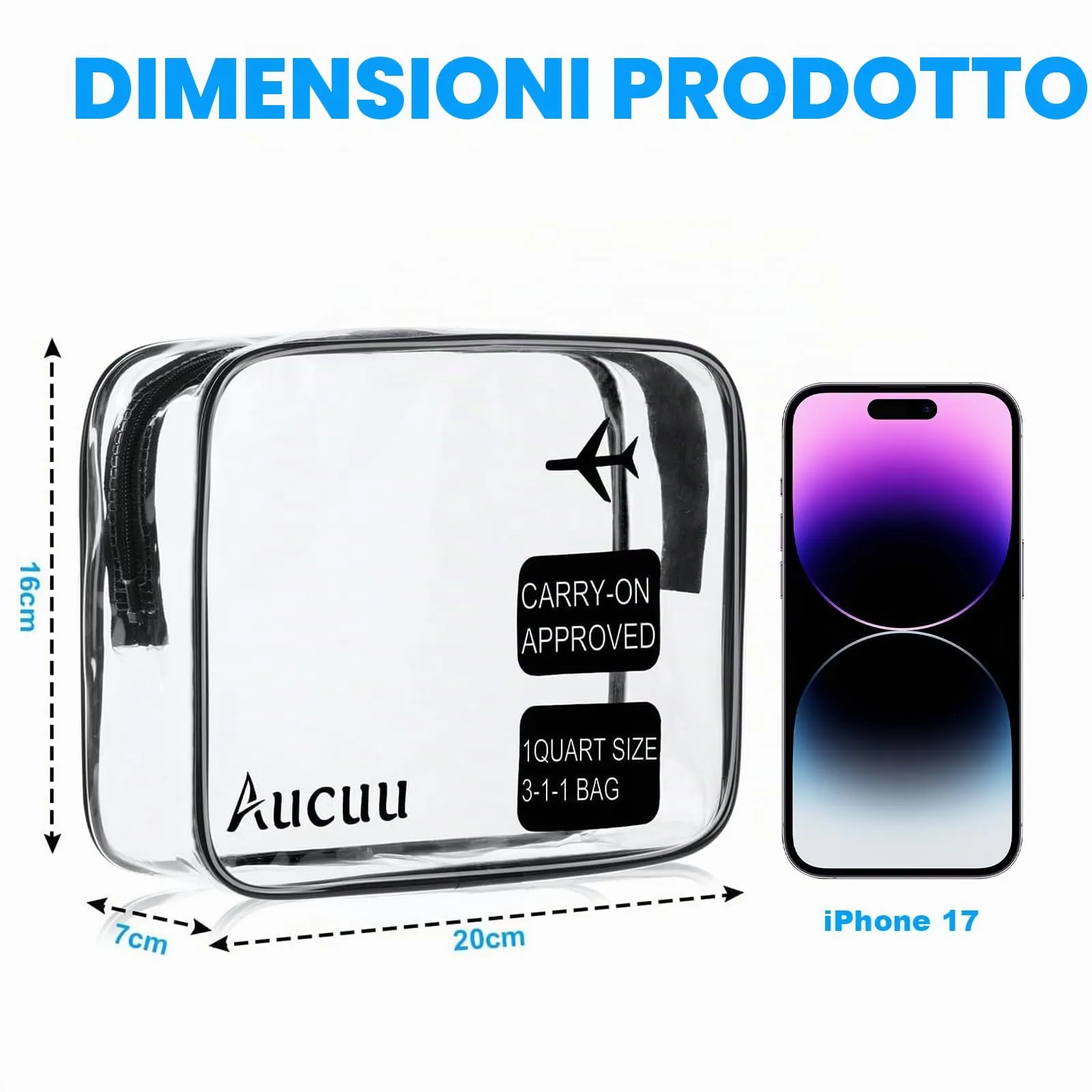 Aucuu Beauty Case Trasparente, 2 Pezzi, Borse da Toilette Impermeabili da Viaggio, 20.5*17*7cm - immagine 3