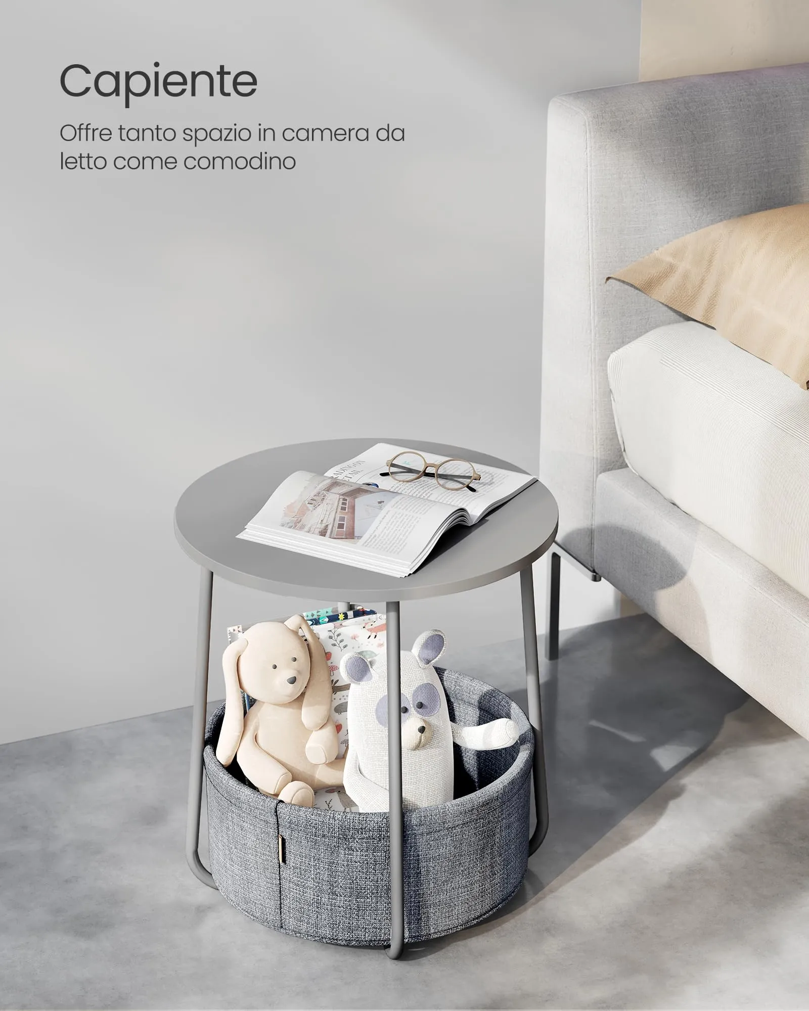 VASAGLE LILEA Tavolino Rotondo con Cestino in Tessuto, Grigio Tortora e Grigio Ardesia, LET223GD01 - immagine 3