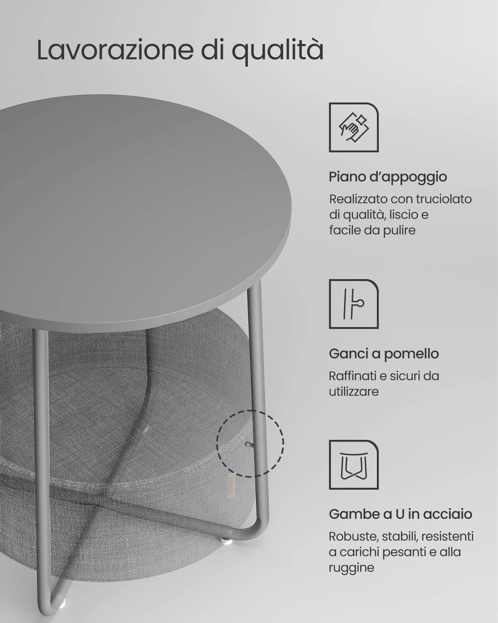 VASAGLE LILEA Tavolino Rotondo con Cestino in Tessuto, Grigio Tortora e Grigio Ardesia, LET223GD01 - immagine 5