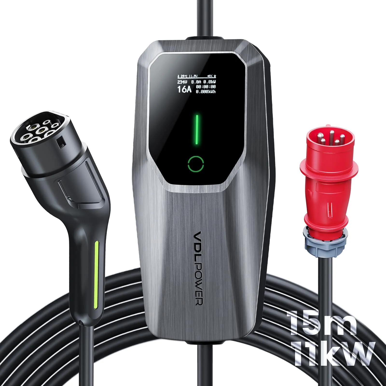 VDLPOWEREU Colonnina Ricarica Auto Elettrica EC31, 11kW, 15m, Tipo 2, 6-16A, Presa Trifase CEE, IP65, LCD - immagine 1