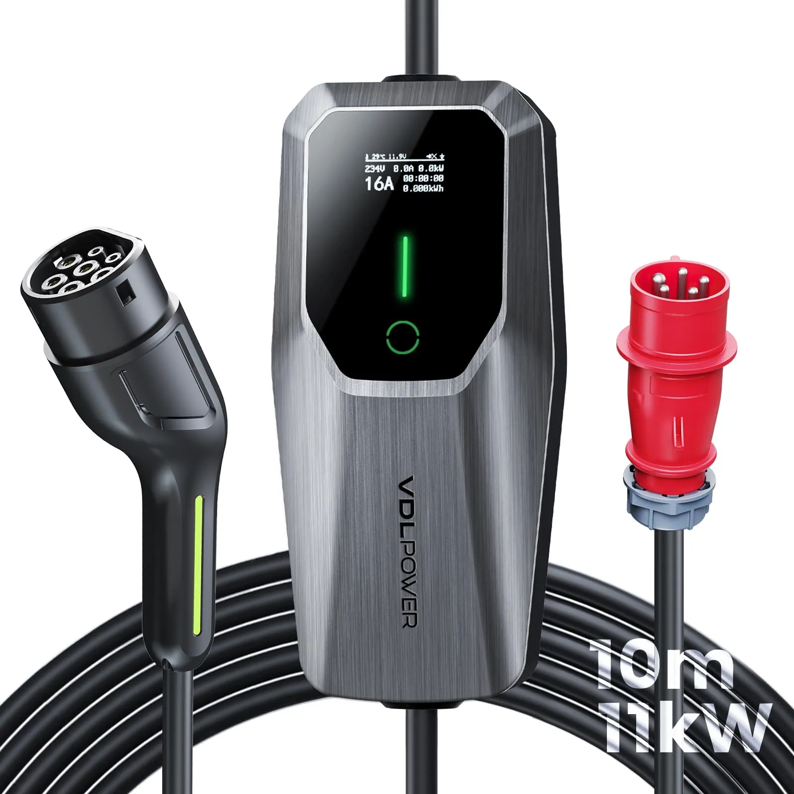 VDLPOWEREU Colonnina Ricarica Auto Elettrica EC31-EU, 11kW, 10m, Tipo 2, 6-16A, Presa Trifase CEE, IP65, LCD - immagine 1