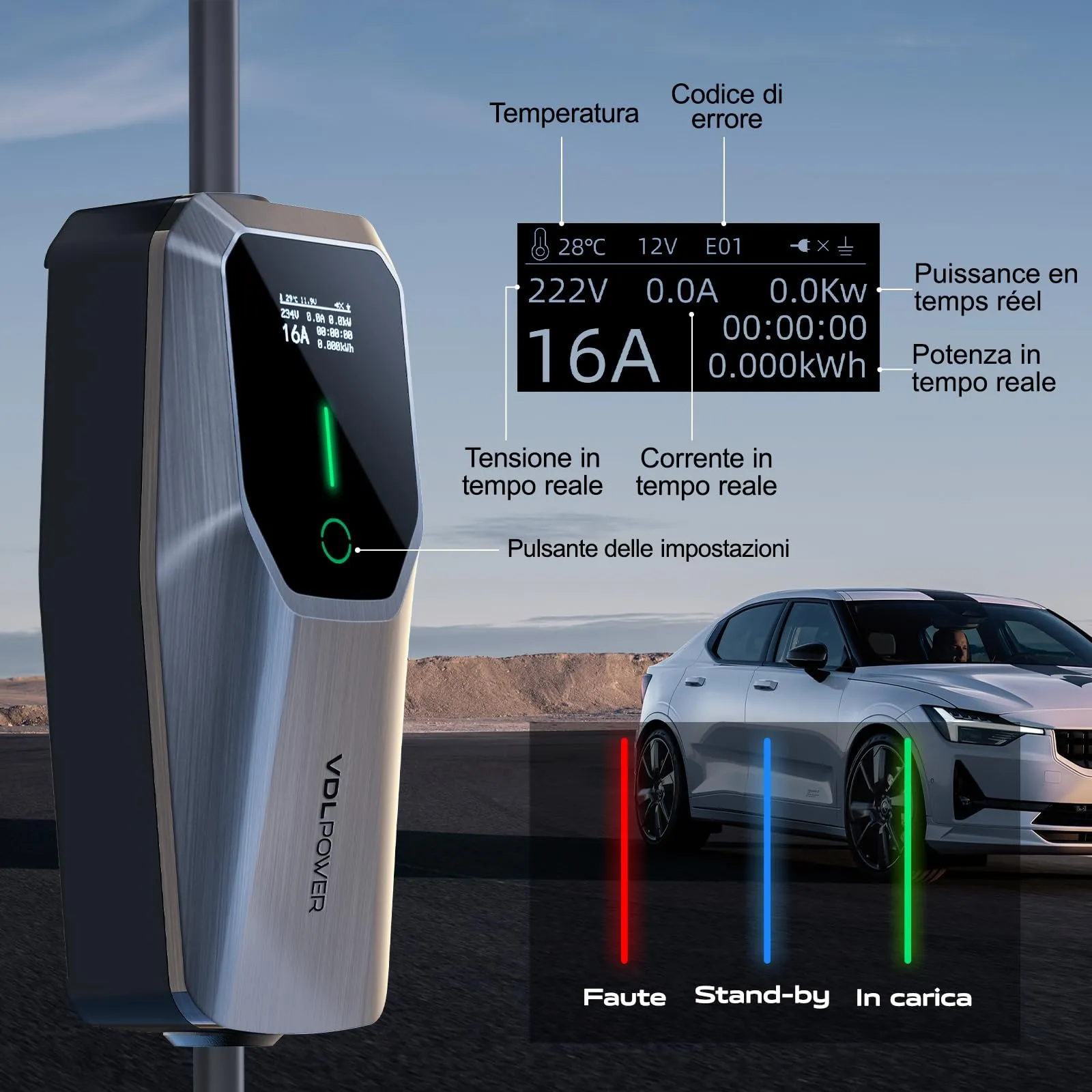 VDLPOWEREU Colonnina Ricarica Auto Elettrica EC31-EU, 11kW, 10m, Tipo 2, 6-16A, Presa Trifase CEE, IP65, LCD - immagine 2