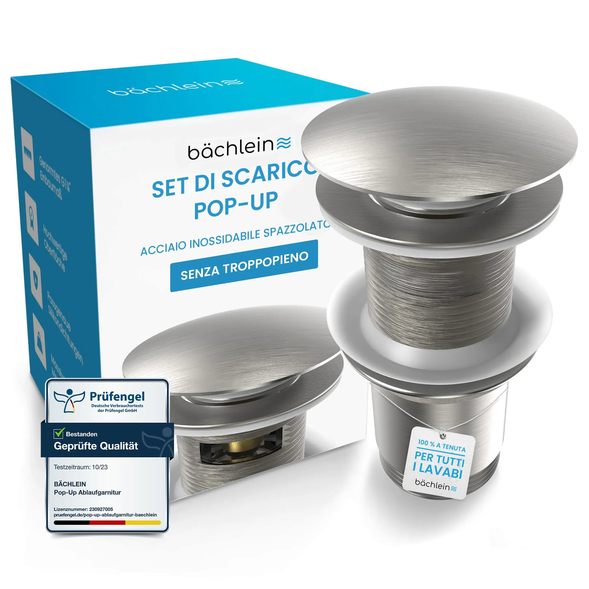 Bächlein Scarico Universale senza Troppopieno, Valvola Pop-up in Ottone per Lavandino, Acciaio Inox Spazzolato - immagine 1
