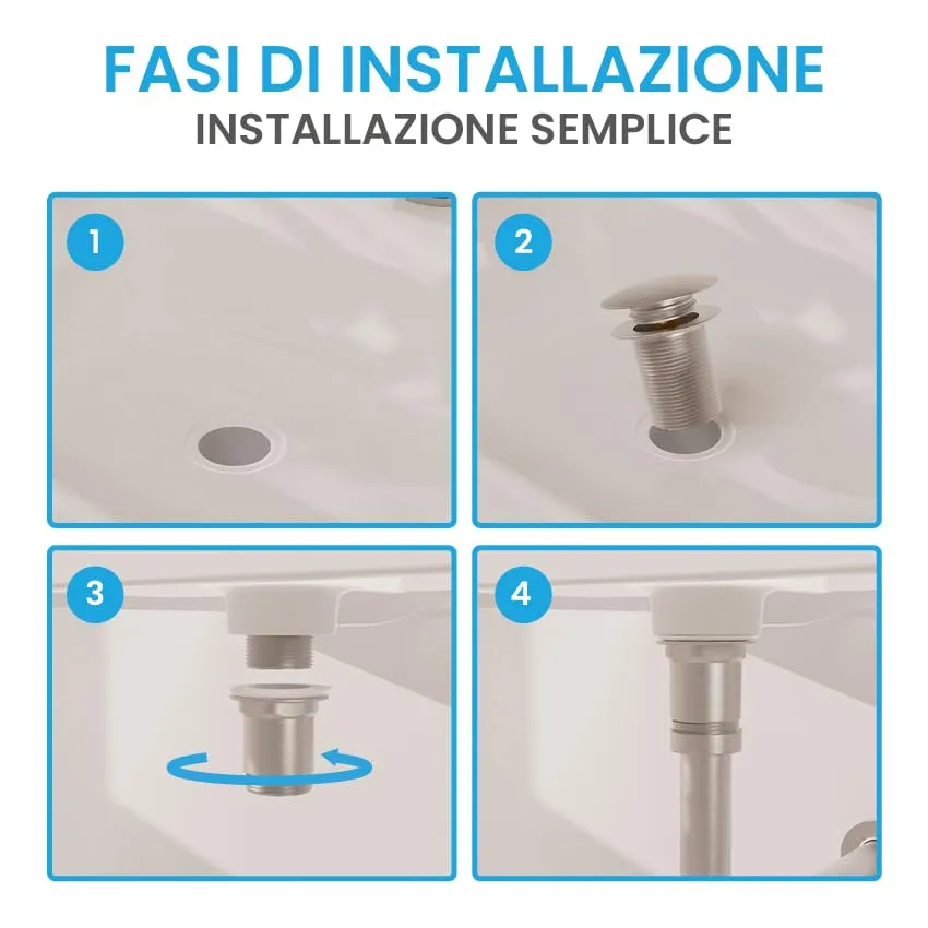 Bächlein Scarico Universale senza Troppopieno, Valvola Pop-up in Ottone per Lavandino, Acciaio Inox Spazzolato - immagine 4