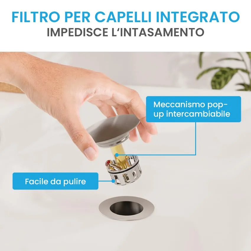 Bächlein Scarico Universale senza Troppopieno, Valvola Pop-up in Ottone per Lavandino, Acciaio Inox Spazzolato - immagine 6